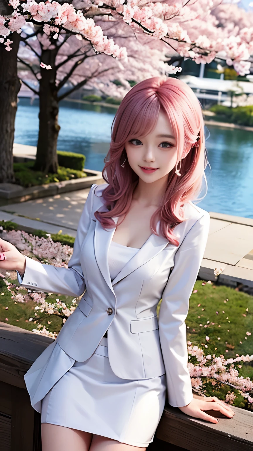 woman, formal suits in soft colors, soft colored hair、cherry blossoms吹雪、forest、cherry blossoms、smile