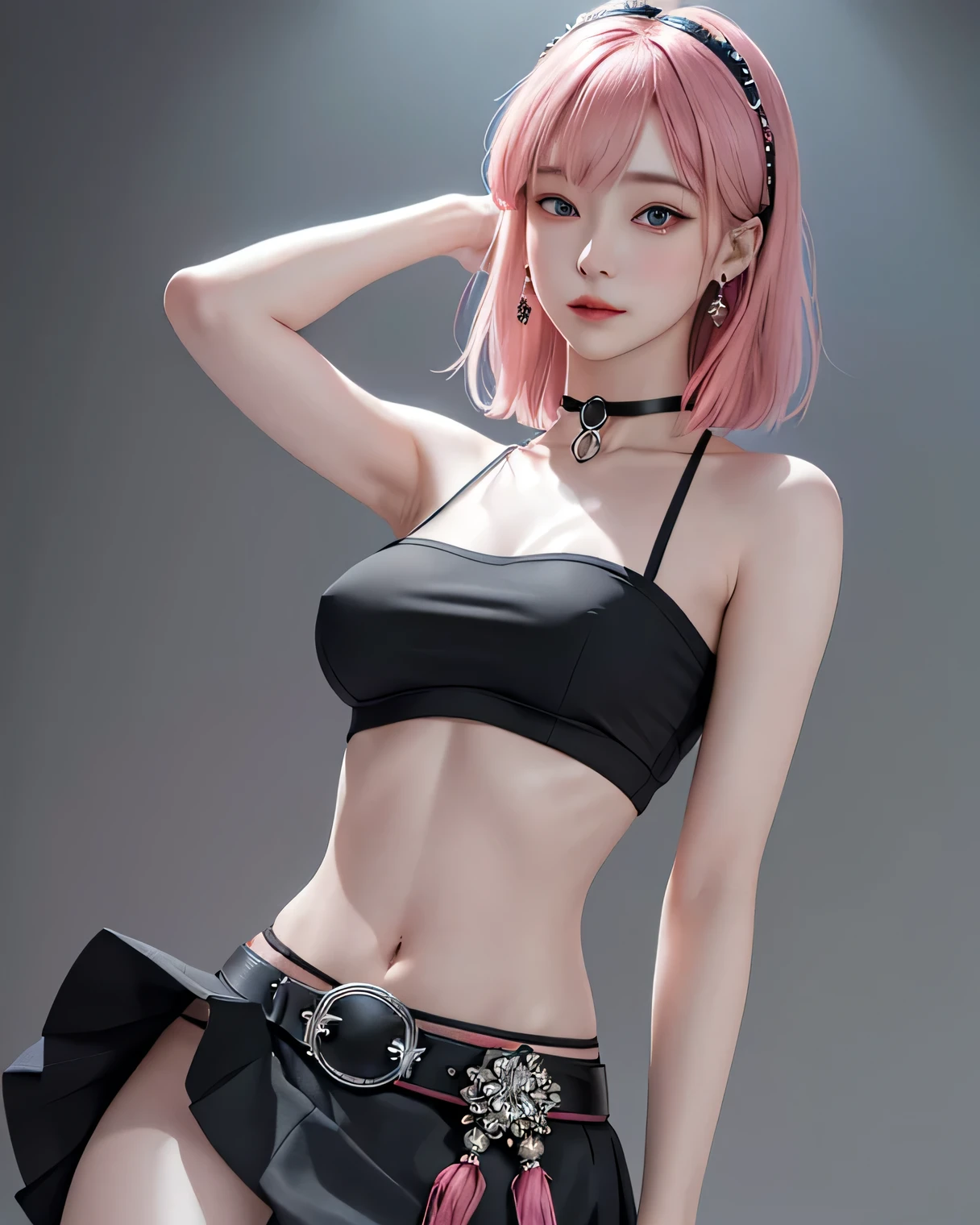 (masterpiece, highest quality, 1 girl, alone, intricate details, chromatic aberration), (realistic),(skin), ((I breathe)),(pink hair,dull bangs),thin hair, red headdress, blue highlights, hair above one eye,black eye, small earrings, clear eyes, choker,((black crop top )),(black skirt),(belt),open waist,(symmetrical eyes),(perfect symmetrical body), night,(((Natural light))),Backlight,against the gray wall, dim lighting ,look at the audience,((center shot, from before,(face and waist)))，big breasts，I&#39;m showing my nipples，erect nipples，topless，See-through