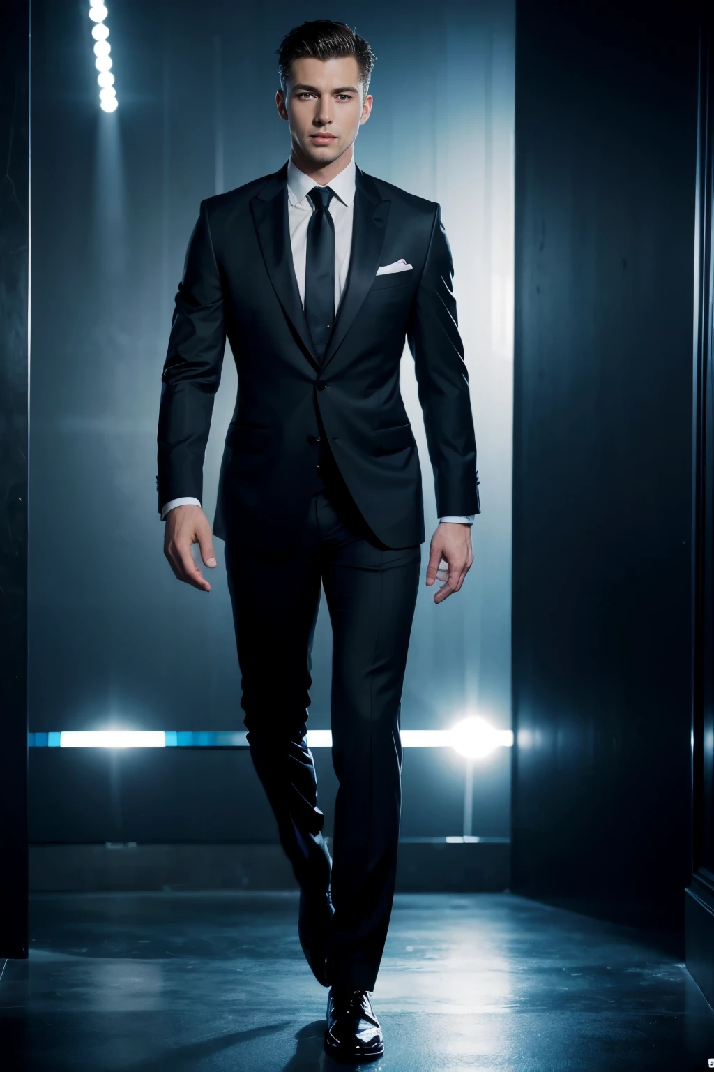 Handsome guy, standing, full body Ultra-realistic detailed rendering, wearing a suit with black tie , with his whole body visible, straight short hair, with a nightclub setting