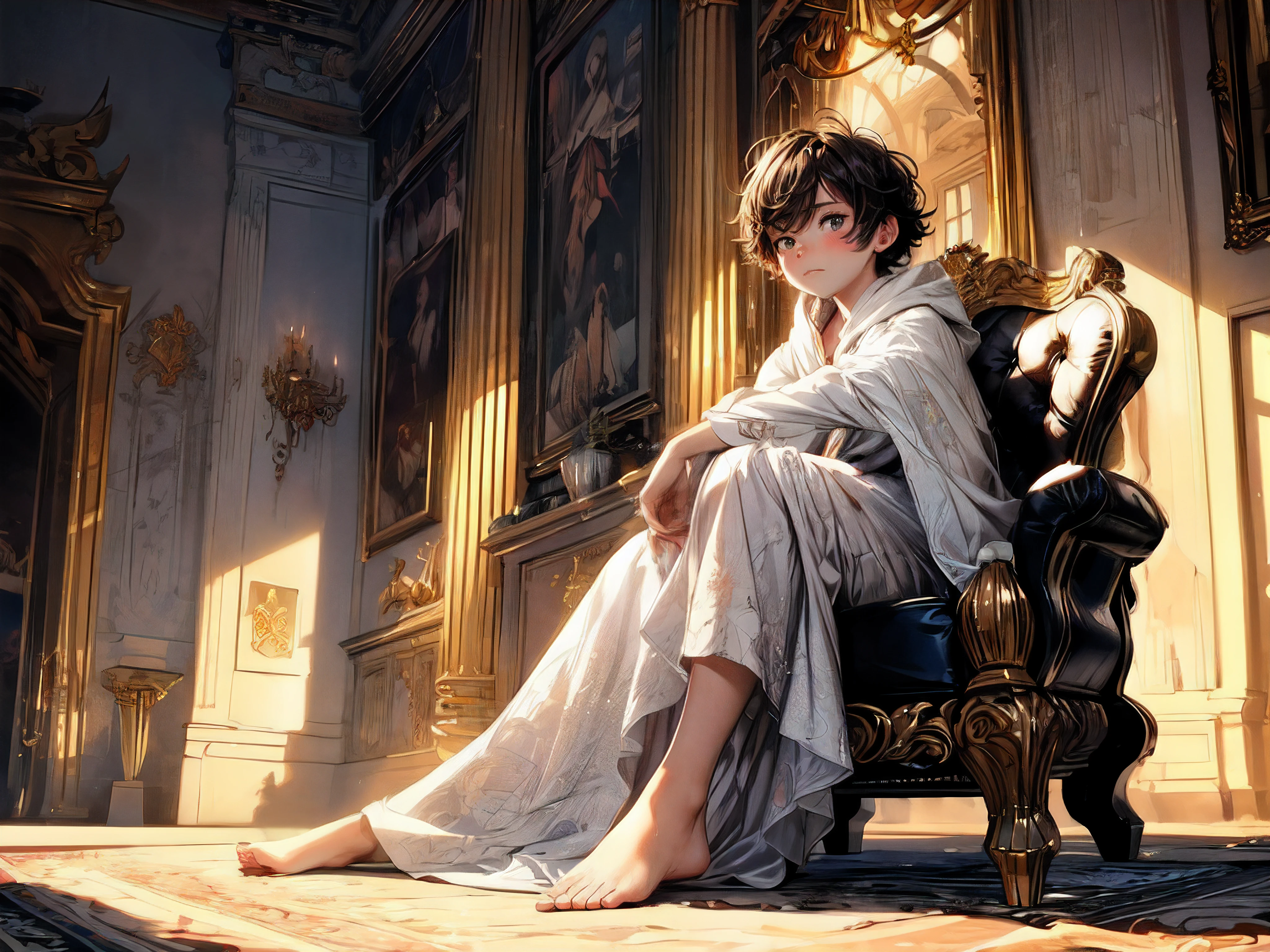 (best quality,4K,8K,High resolution,masterpiece:1.2),super detailed,(actual,photoactual,photo-actual:1.37), (alone),(boys:1.1), (A cute very boys:1.2) wear (white cloak) and a (very long silk dress:1.1), (prince), (best wrinkles, best shadow, best texture), (barefoot), Soft curls, sDull eyes, (Dull eyes, looking at the audience, (anger, blush)), (Sitting dignifiedly on an exquisite and solemn throne), In the splendid palace, Bathed in the warm golden sunshine, Create a dreamy and magical atmosphere.