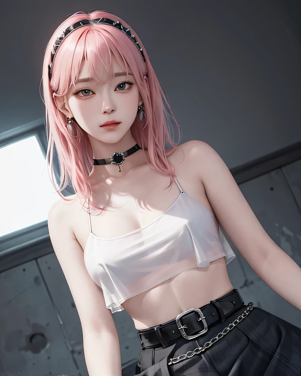 (masterpiece, highest quality, 1 girl, alone, intricate details, chromatic aberration), (realistic),(skin), ((I breathe)),(pink hair,dull bangs),thin hair, red headdress, blue highlights, hair above one eye,black eye, small earrings, clear eyes, choker,((black crop top )),(black skirt),(belt),open waist,(symmetrical eyes),(perfect symmetrical body), night,(((Natural light))),Backlight,against the gray wall, dim lighting ,look at the audience,((center shot, from before,(face and waist)))，big breasts，I&#39;m showing my nipples，erect nipples，topless，See-through