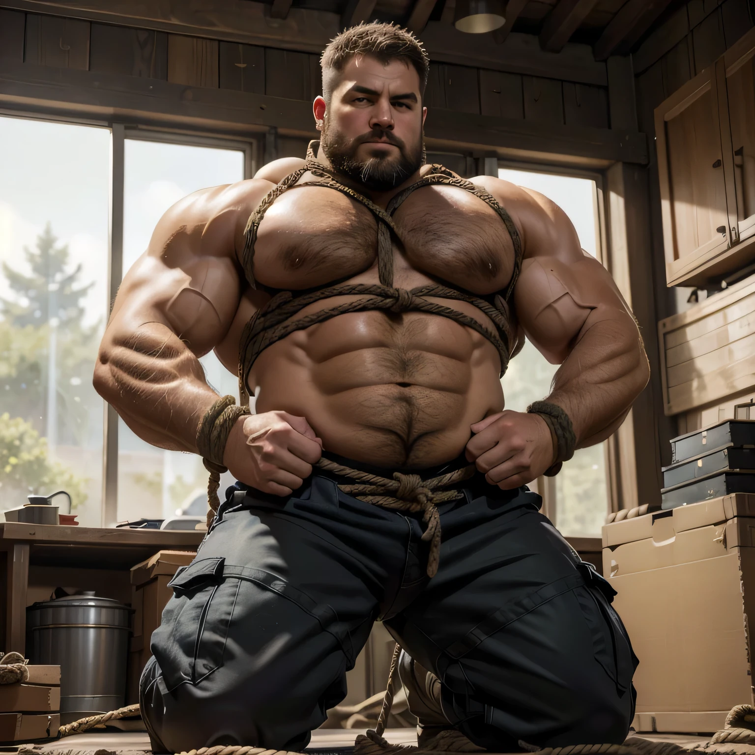 A military warrior, the man is wild fat uncle, (hands tied with rope behind back :1.3), kneeling down, big round face shape, 39 years old, deep black eyes, dark chest hair, facial hair, crew cut hair, blond hair, big muscles, very hairy bodies, masculine and strong, thick thighs, military tank top, military cargo pants, (perfect body proportions : 1.2), shameful expression, in the barracks,
highest quality ,best quality, masterpiece, 16k,
