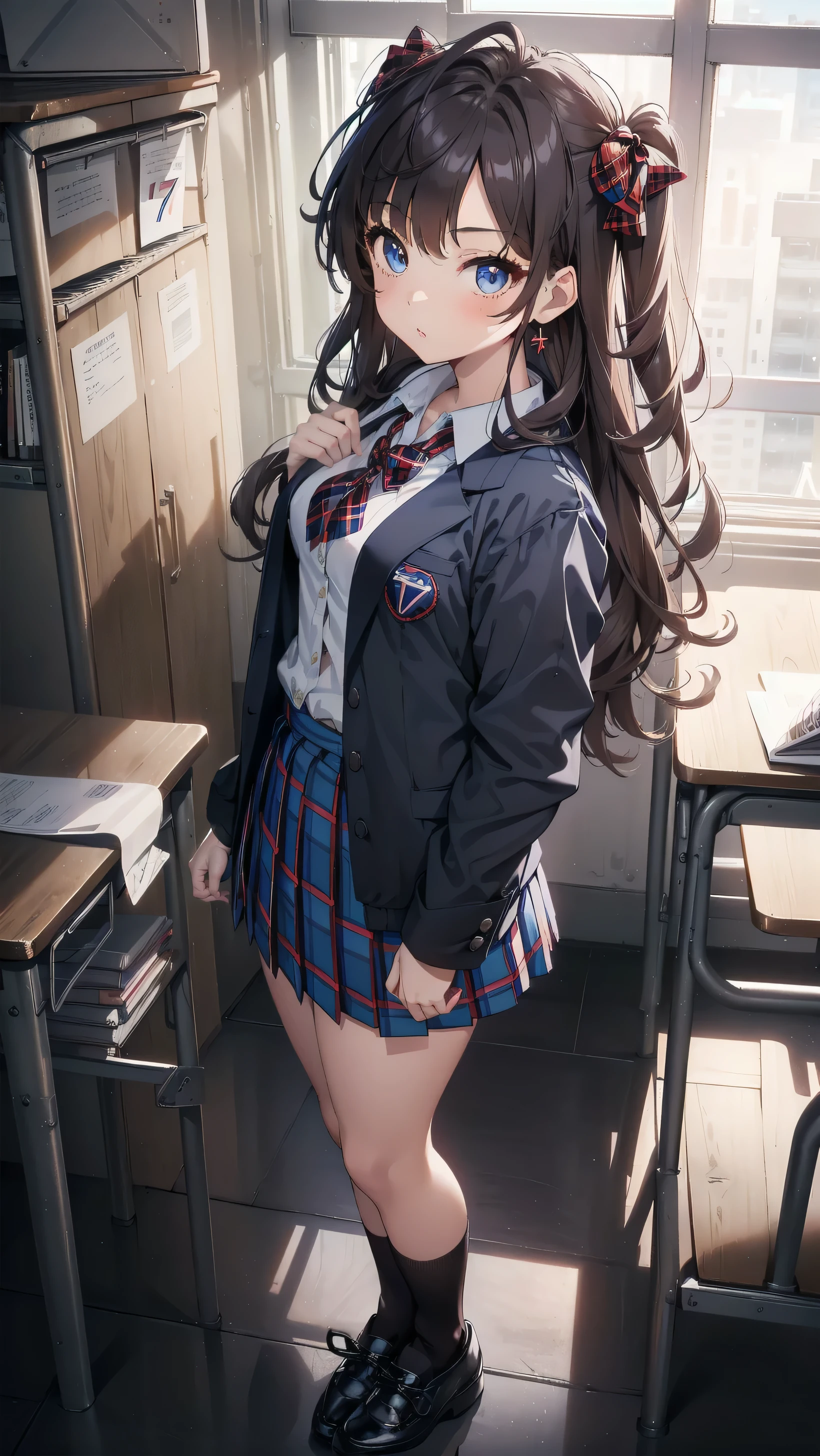 masterpiece, best quality, highres, ichinose shiki, idolmaster, long hair, two side up, hair bow, ahoge, medium breasts, earrings, , school scenery background, classroom (Please draw a single one girl walking in a classroom school :1.3) ((1girl)), (Solo, face,-yeld:2. a high school student. Full limbs, complete fingers, ((perfect fingers)), ((perfect hands)), medium butt, groin, perfect eyes, one american blazer uniform girl ((white blouse with formal collar, navy blue blazer, blue plaid skirt)), ((tartan, check plaid texture skirt)), ((red plaid bow on the blouse)) (Detailed Lighting), (Detailed background), (in the school zone), ((full body view)), ((standing)), ((legs)), uwabaki shoes. beautiful single girl (one girl), full body shot. Background is the school, front body ((walking, standing)), pretty eyelashes, make up, electric eyes, ((black socks)), ((black school shoes))
