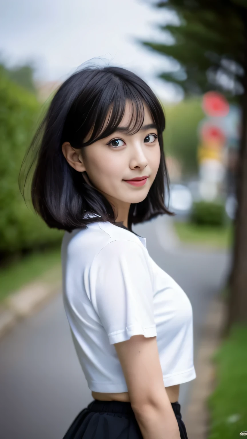 (32k, Raw photo, highest quality, masterpiece:1.2), (realistic, photo-realistic:1.4), (Highly detailed 8K wallpaper),sharp focus, Depth of the bounds written,blur background, Bokeh,professional lighting, cinematic lighting,extreme wide shot,thin,japanese girl,20 year old girl,dynamic pose,road,bob cut,wet hair,black hair,polo shirt,Skirt happy like a goddess