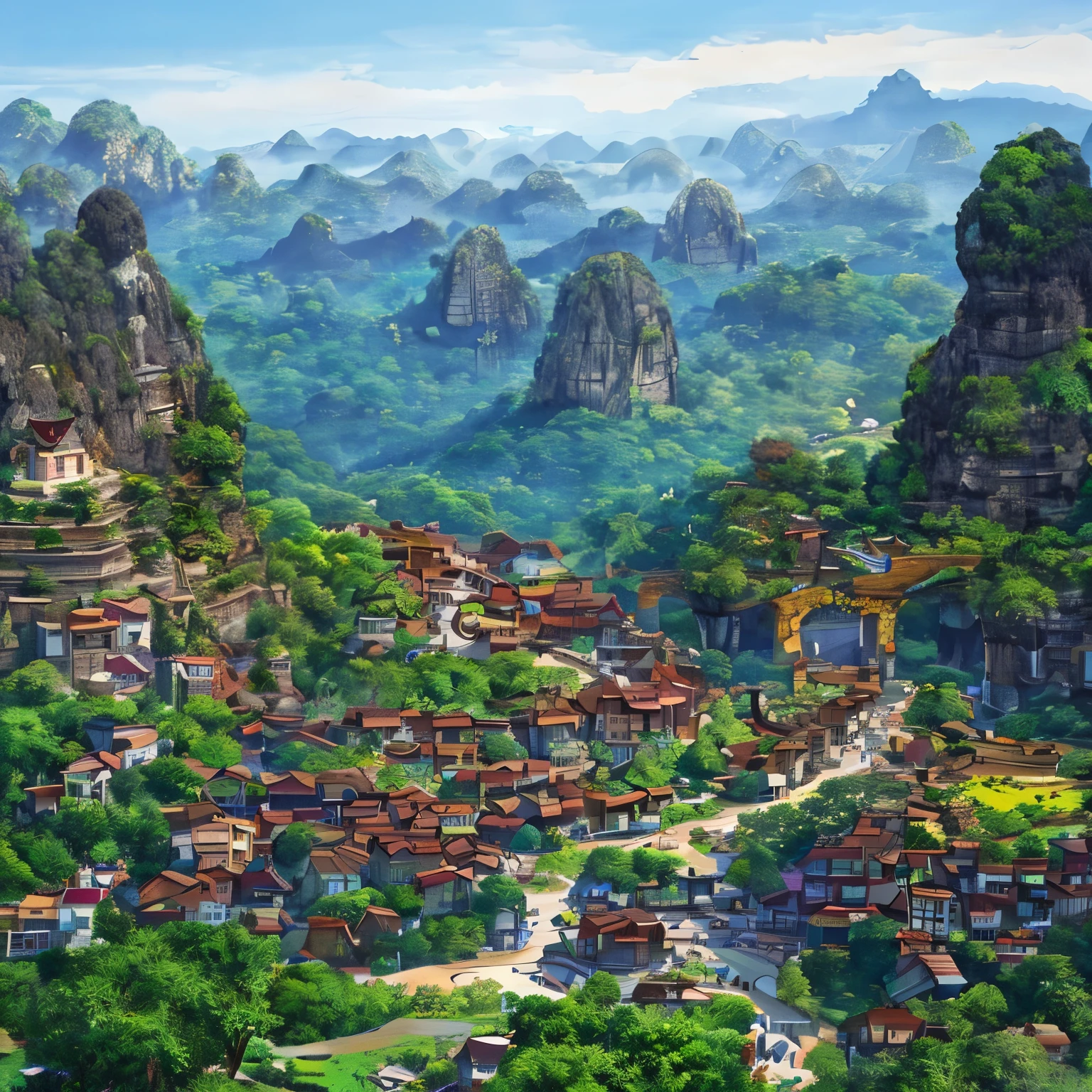 More buildings nestled among the lush greenery, with the famed Bohol Chocolate Hills forming a breathtaking backdrop. The vibrant hills extend as far as the eye can see, their distinctive chocolate-brown hue contrasting beautifully against the clear blue sky. Ink splashes add a dynamic touch to the watercolor rendering, capturing the essence of this picturesque scene. The more buildings are depicted in intricate detail, their rooftops and walls adorned with color and texture, making this an exquisite masterpiece (1.1) worthy of being a high-quality, extremely detailed CG unity 8k wallpaper (1.1). The panoramic shot (1