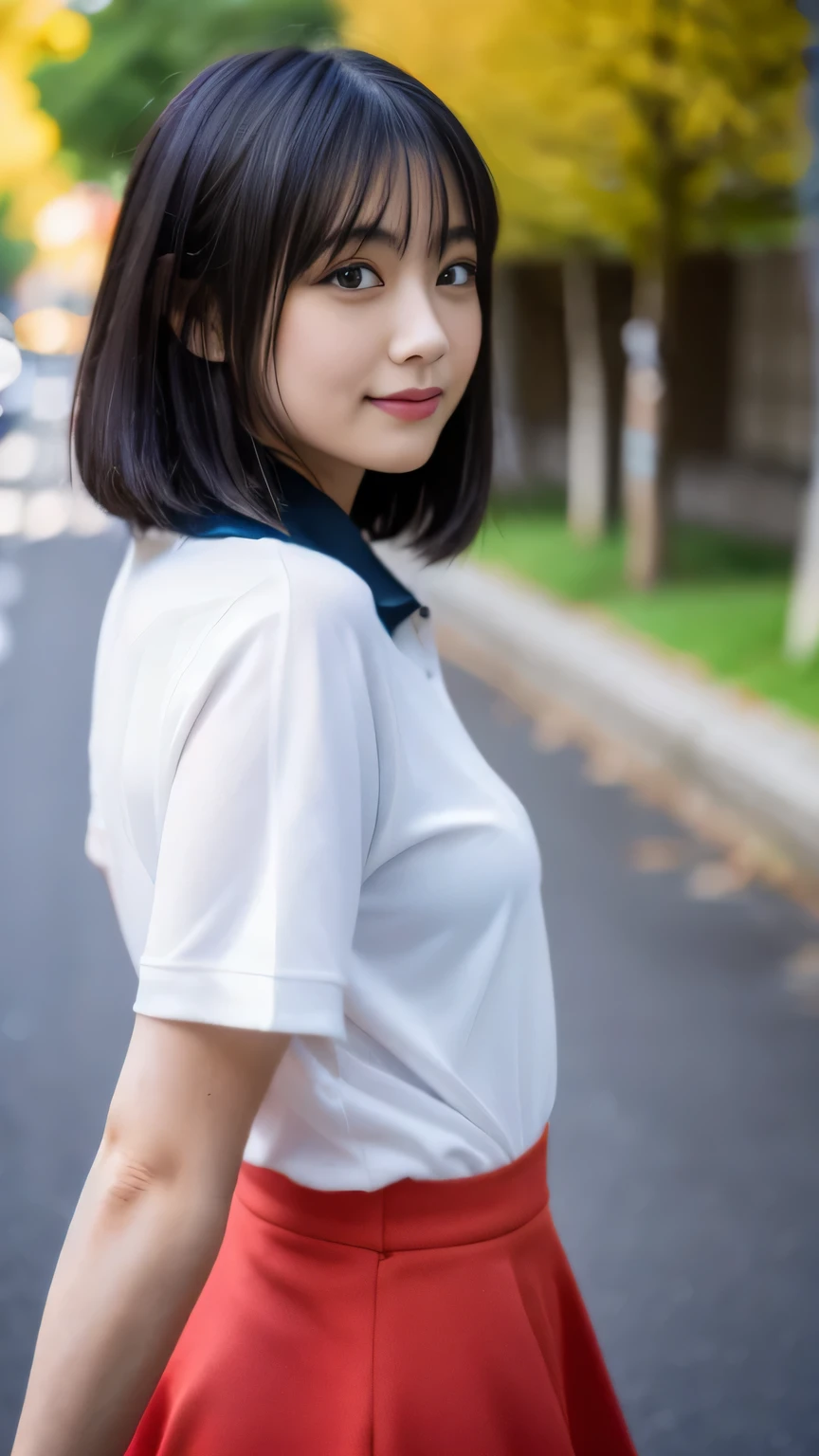 Masterpiece、Raw photography、(((Ultimate Beauty Portrait)))、((glistning skin))、close mouth、no mask、dark brown eye、teen、highschool girl、age 15、natural make、short bob、((masterpiece、top-quality、ultra-detailliert、intricate-detail、hight resolution、highly detailed))、8KUHD、Digital SLR、Soft light、high quality 、Shallow depth of field、natural soft light、Squatting, Shy smile , Beautiful skin, ((of the highest quality, 16 K, masterpiece: 1.3)), 1 girl, Light on Face, hyper detailed face, very detailed lips, Detailed eyes、real looking skin、Uniform、White panties are visible from the skirt、Sheer white shirt、Navy blue ribbon at the collar、Dark blue pleated mini、((slightly lift the hem of the skirt with both hands,,,))、Pointing your butt at the camera、The face is looking back at the camera,(white cotton panty:1.4)
