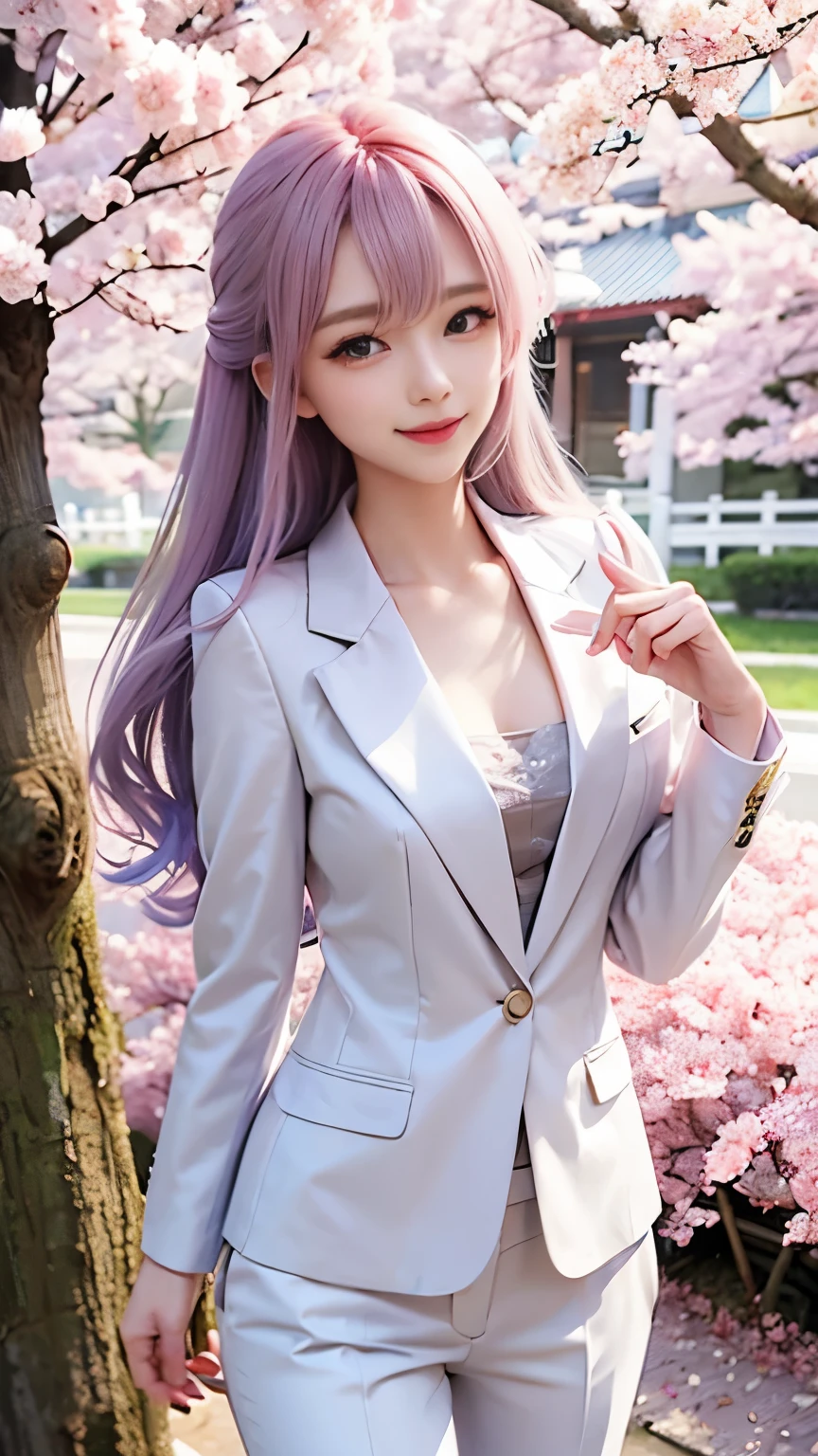 woman, formal suits in soft colors, soft colored hair、cherry blossoms吹雪、forest、cherry blossoms、smile