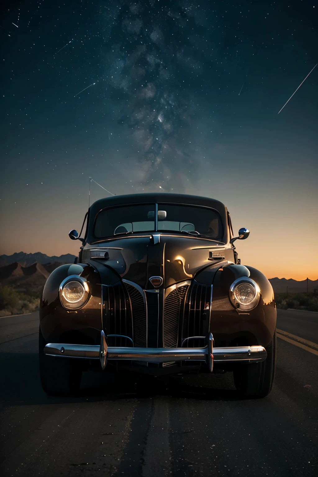 Generate image of old 1940s Ford hot rod car on a lonely road in the desert under a starry night