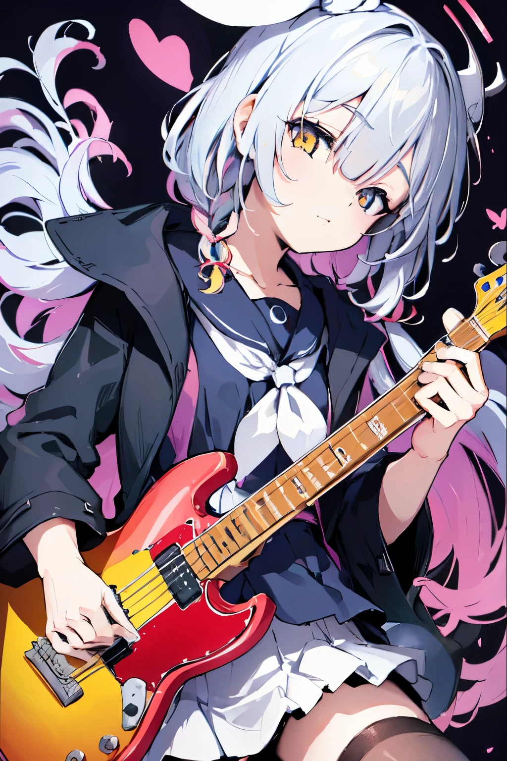 ((masutepiece)), ((Best Quality)), (Ultra-detailed), Anime style, Live performance venue, Cute s, 1girl in, Solo, Playing the guitar 00, ((Beautiful eyes))0, Smile,(((yellow eyes))),