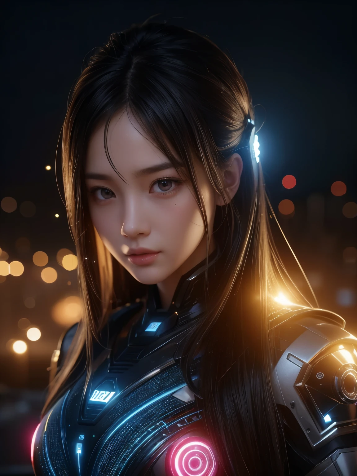 (high quality), (masterpiece), (detailed), 8K, Hyper-realistic portrayal of a futuristic (1girl1.2), Japanese character illuminated by vibrant LED lights. Meticulous details capture the modernity and innovation in this visually stunning composition. Trending on Artstation.