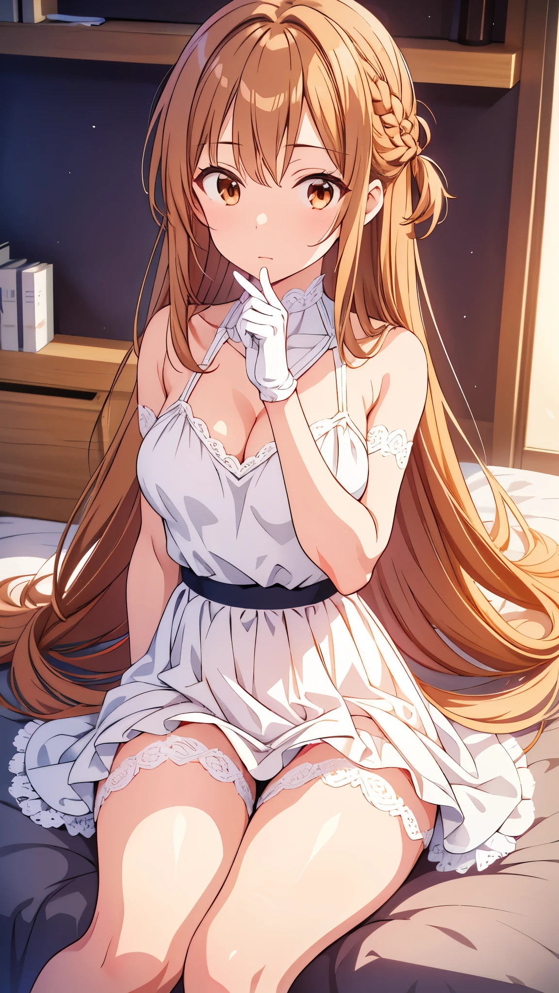 Asuna Yuki, beautiful anime style woman, highest quality, perfect anatomy, super detailed, 1 girl, alone, chest, sports body, good hand, good legs, good knees, near sky, performer, long hair, medium chest, looking at the viewer, Happy, bangs, brown hair, thighs thighs thighs, gloves, dress, cleavage, bare shoulders, brown eyes, とてもlong hair, cross your legs, 白いgloves, White dress, armor, white thighs, garter strap, White armor,skirt lift, white lace panties,on the bed,