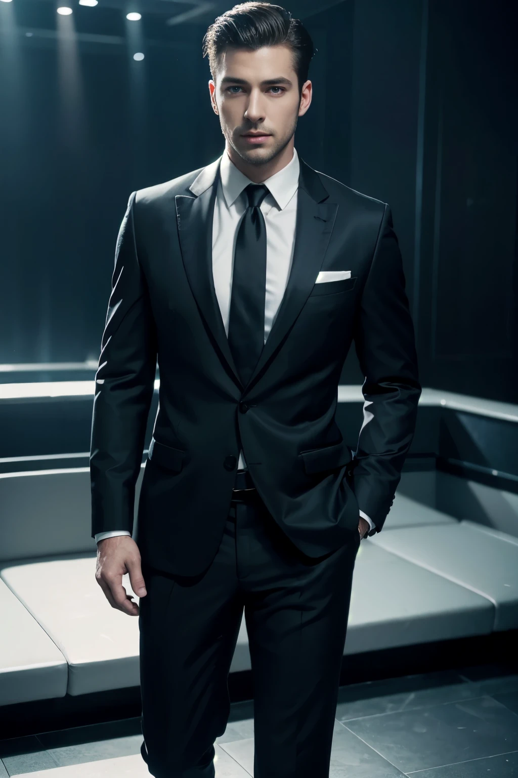 Handsome guy, standing, full body Ultra-realistic detailed rendering, wearing a suit with black tie  , with his whole body visible, straight short hair, with a nightclub setting 