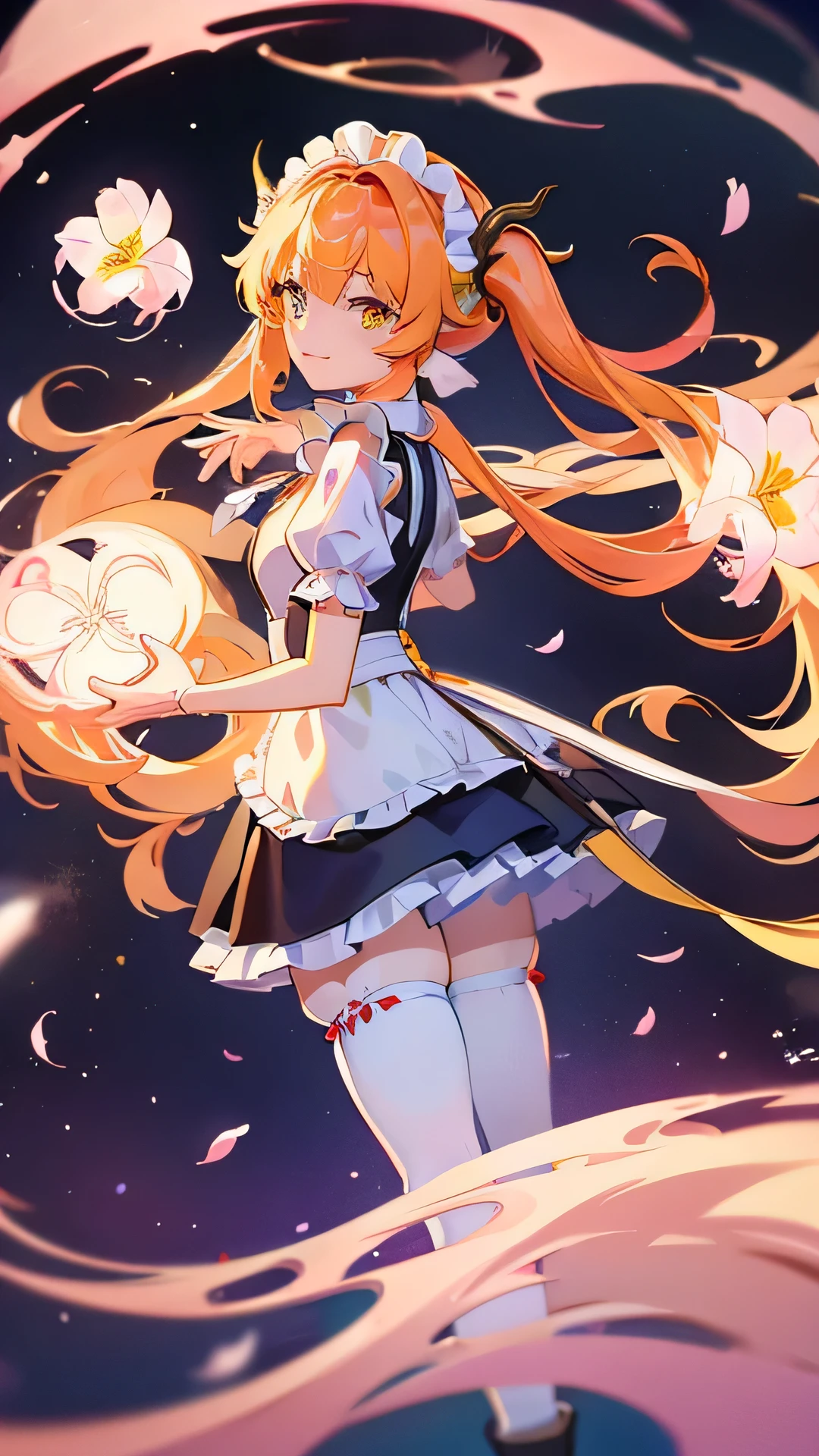 8K resolution、((top quality))、((​Masterpiece))、((super detailed))、《The dragon maid of the Kobayashi family》、Thor、1 female、maid outfit、dragon horn、double tail、Yellow-orange gradient hair、joy、bright eye color、cherry blossom forest、rotate