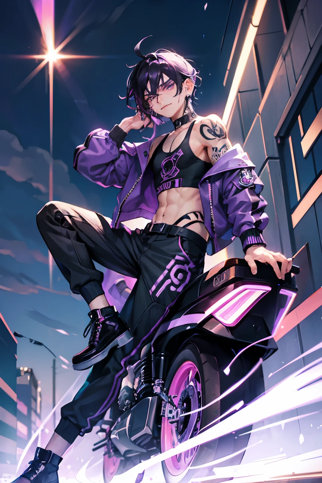 1boy, male, mid 20s, mature, black and purple hair, shoulder length hair, purple eyes, smirking, black jacket, racing jacket, punk, piercings, full body, tank top, eyeliner