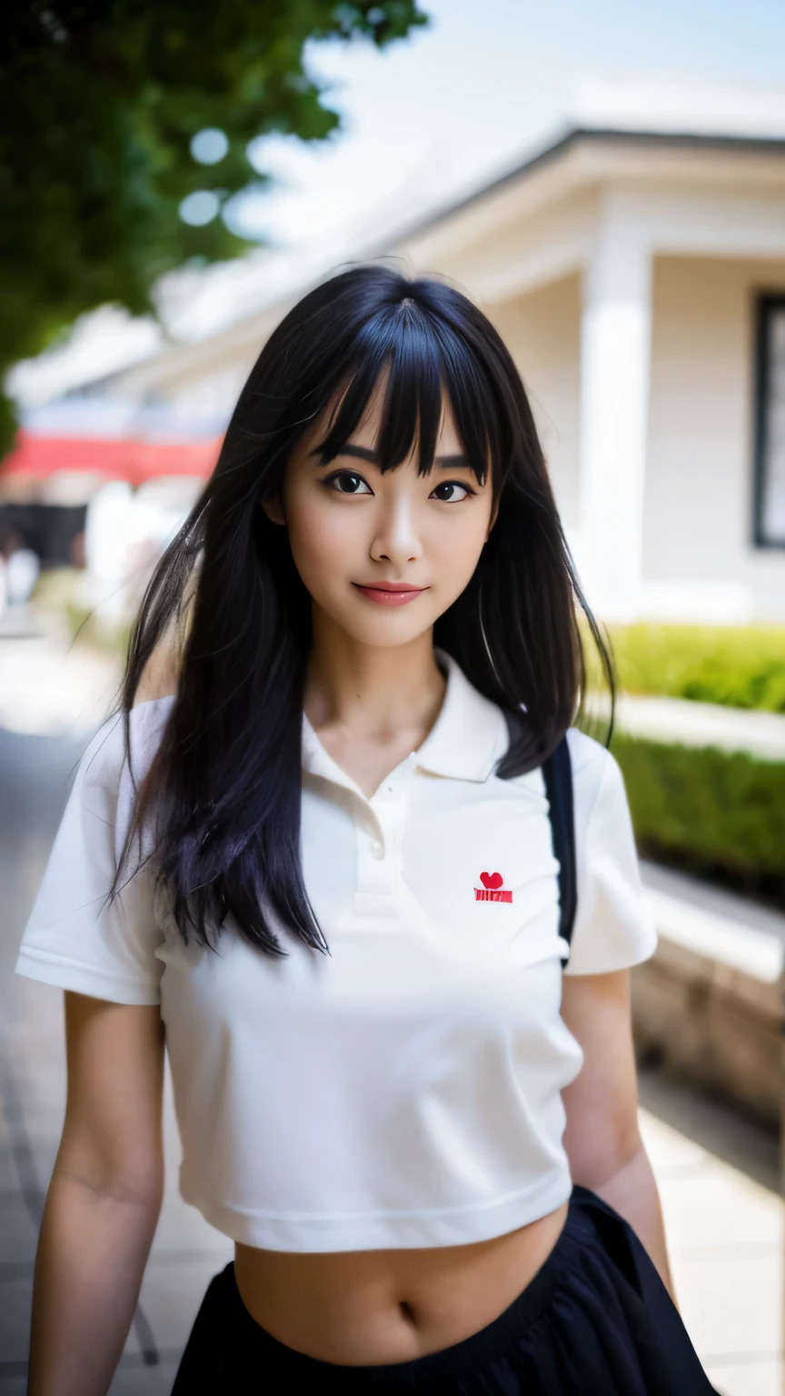 (32k, Raw photo, highest quality, masterpiece:1.2), (realistic, photo-realistic:1.4), (Highly detailed 8K wallpaper),sharp focus, Depth of the bounds written,blur background, Bokeh,professional lighting, cinematic lighting,From above,thin,japanese girl,20 year old girl,contrasting,road,bob cut,wet hair,black hair,polo shirt,Skirt happy like a goddess