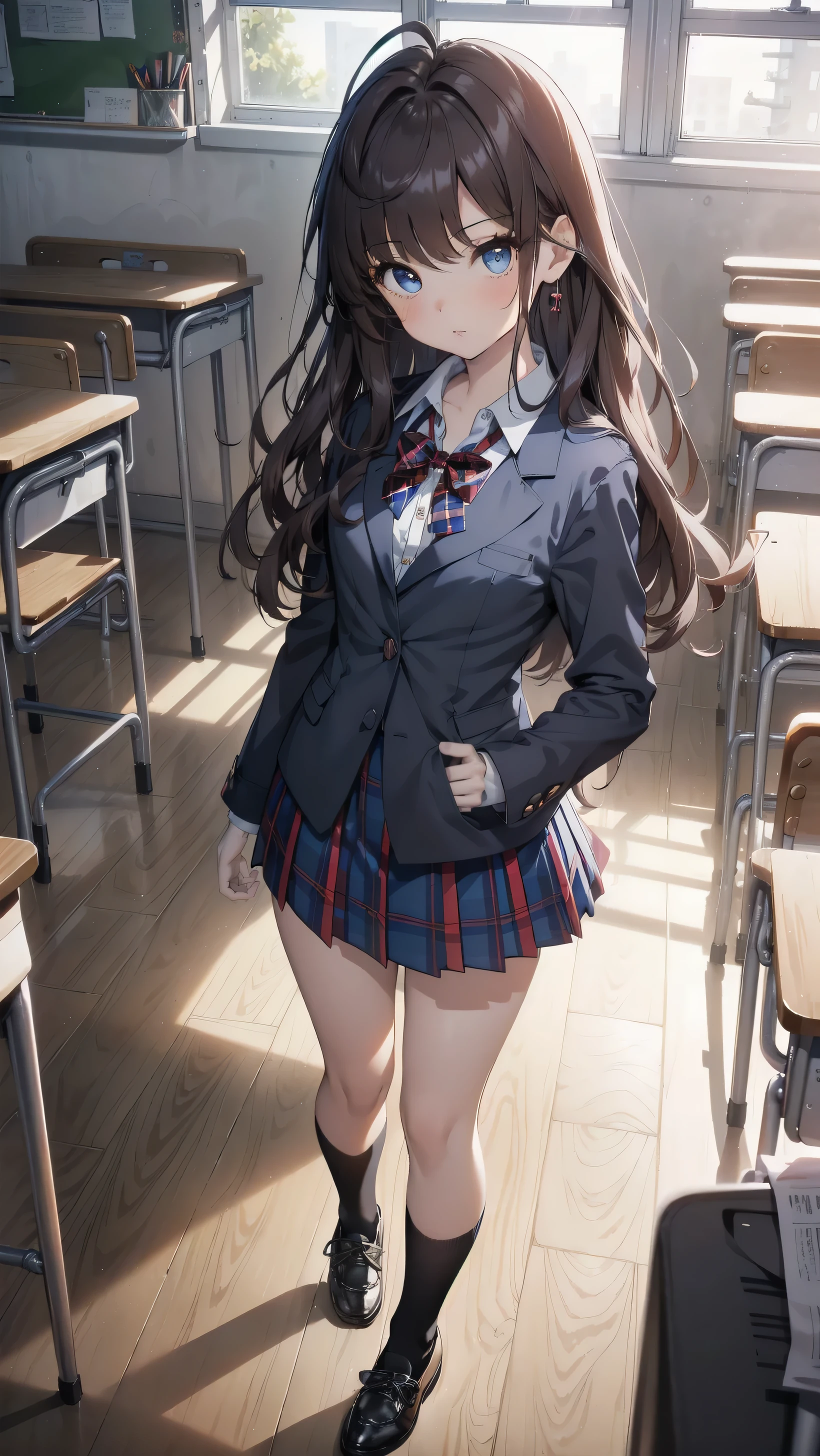 masterpiece, best quality, highres, ichinose shiki, idolmaster, long hair, two side up, hair bow, ahoge, medium breasts, earrings, , school scenery background, classroom (Please draw a single one girl walking in a classroom school :1.3) ((1girl)), (Solo, face,17-year-old:2.0), a high school student. Full limbs, complete fingers, ((perfect fingers)), ((perfect hands)), medium butt, groin, perfect eyes, one american blazer uniform girl ((white blouse with formal collar, navy blue blazer, blue plaid skirt)), ((tartan, check plaid texture skirt)), ((red plaid bow on the blouse)) (Detailed Lighting), (Detailed background), (in the school zone), ((full body view)), ((standing)), ((legs)), uwabaki shoes. beautiful single girl (one girl), full body shot. Background is the school, front body ((walking, standing)), pretty eyelashes, make up, electric eyes, ((black socks)), ((black school shoes)),
