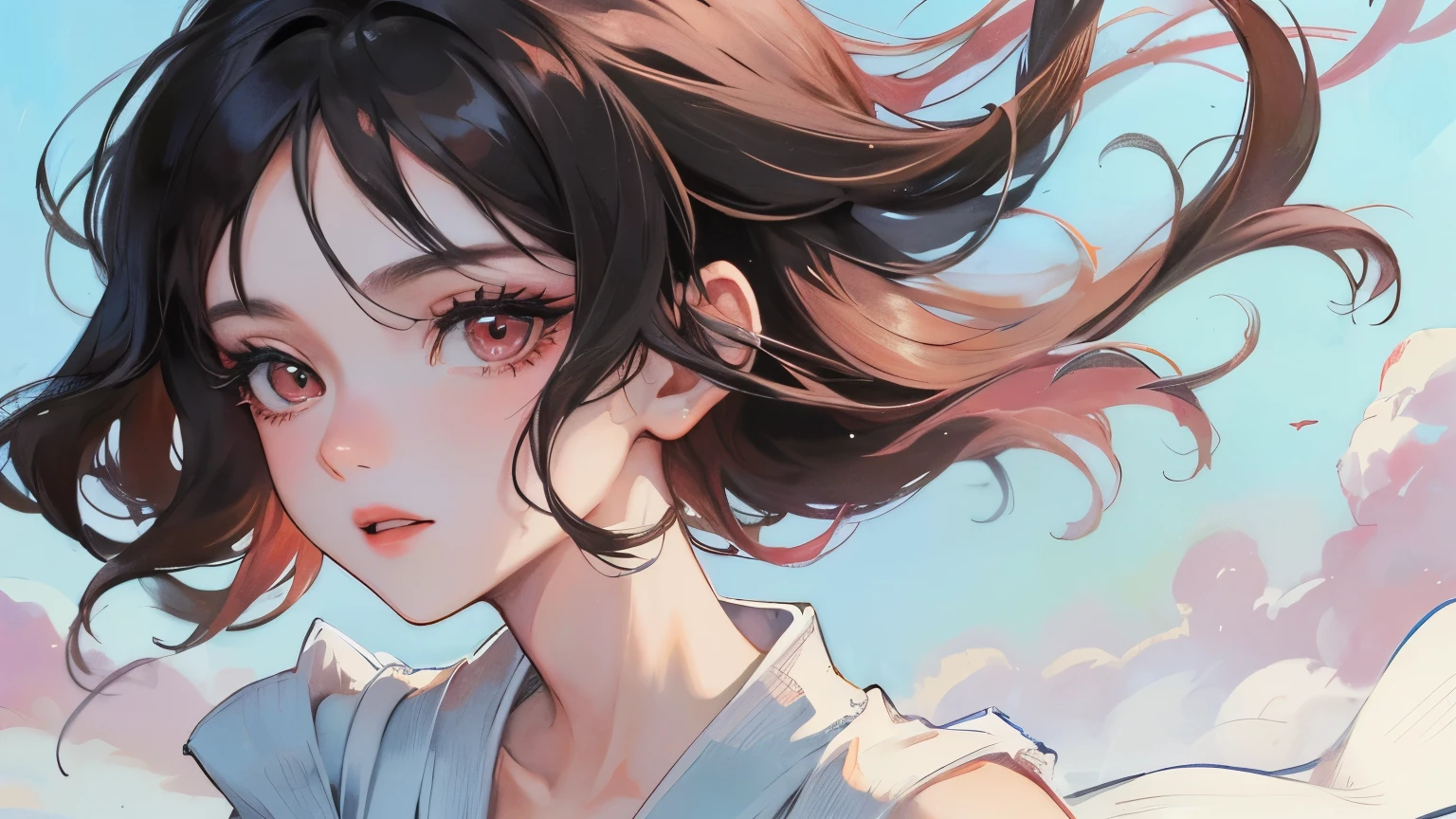 young girl black hair short hair red eyes irreverent face look down thin body thin thighs small breasts small ass toned body blue sky cloud hair blowing in the wind high quality High resolution 8K watercolor natural feel bridge of the nose ((最high quality)), ((masterpiece)), (get used to it), dignified face grassland close up of face Beautiful as a goddess whole face lipstick eye shadow naked ID photo style one piece long eyelashes Accurate No decoration Bare skin No accessories Japanese