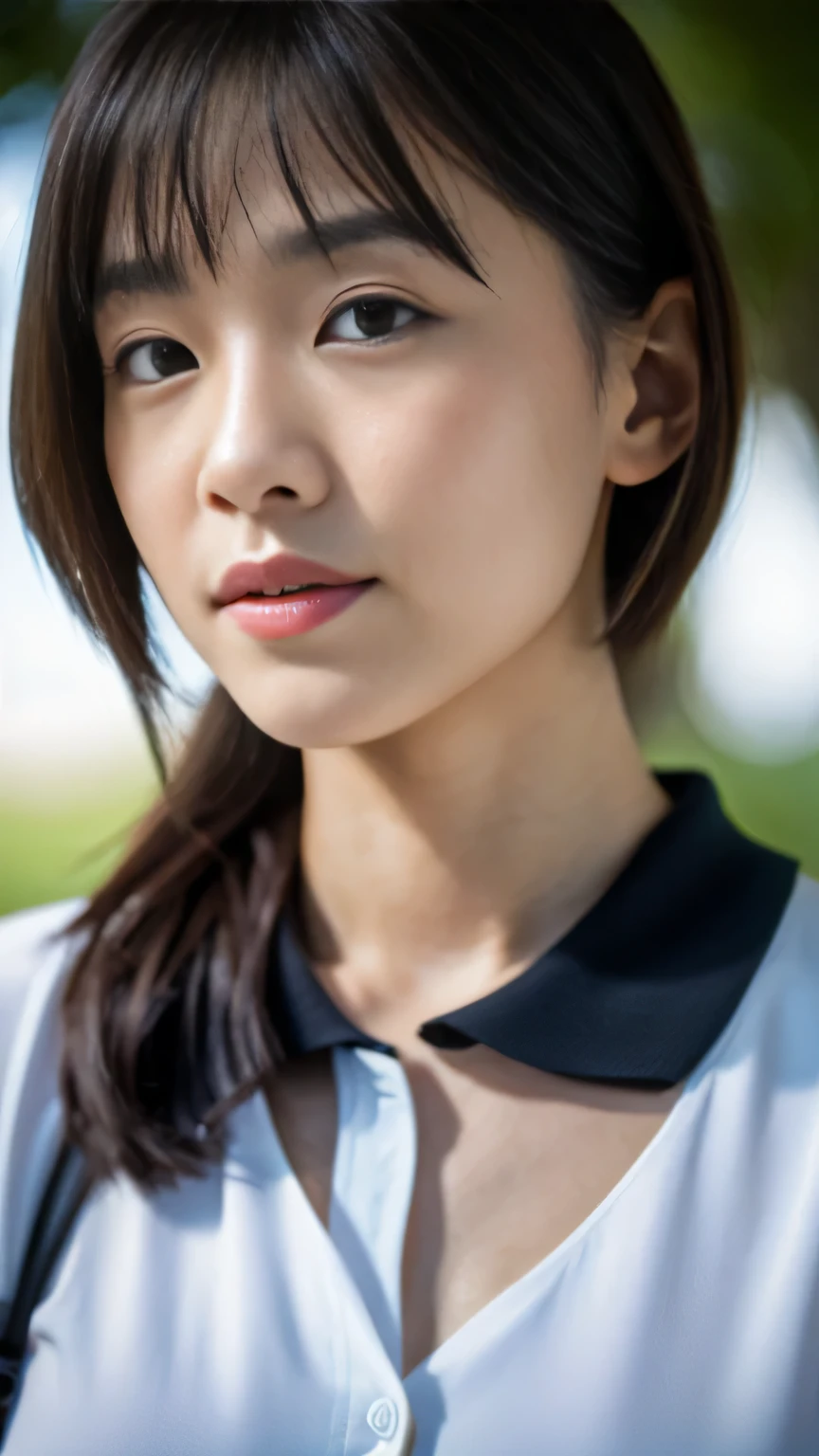 (32k, Raw photo, highest quality, masterpiece:1.2), (realistic, photo-realistic:1.4), (Highly detailed 8K wallpaper),sharp focus, Depth of the bounds written,blur background, Bokeh,professional lighting, cinematic lighting,From above,thin,japanese girl,20 year old girl,contrasting,road,bob cut,wet hair,black hair,polo shirt,Skirt happy like a goddess