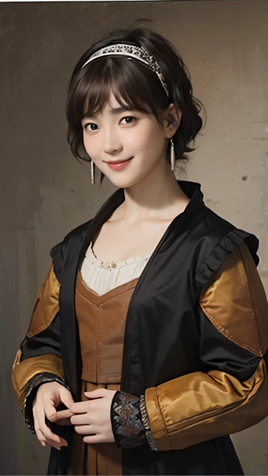 181 short hair, 20 year old female, gentle smile, (rembrandt style painting), (chest:1.2), long sleeve clothes