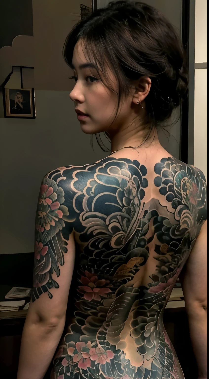 (highest quality,High resolution:1.2), (realistic:1.4),Low Angle Portrait, seen from behind, Yakuza girl soaking in a hot spring in a lost city,look at the audience,detailed face,beautiful detailed gray blue eyes,beautiful detailed lips,enchanting smile,groomed eyebrows,long eyelashes, Perfect nice face with soft skinny face, transparent skin ,natural blush,slim posture, exposed shoulders,Intricate, detailed and vivid iris tattoo on the back body,elegant and intricate jewelry,delicate necklace and earrings,traditional hair accessories,short hair with bangs,shiny gems,soft and perfect makeup,soft natural light,subtle shadows on the face,bright and vibrant colors,realistic rendering, photon mapping, Dramatic misty atmosphere