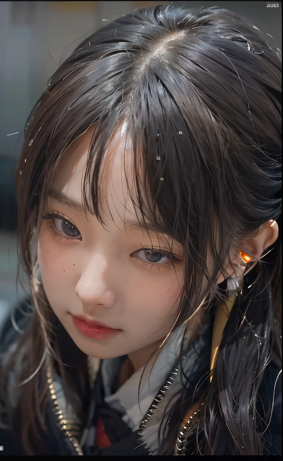 There is a young girl wearing headphones and looking at her mobile phone, Yoshitomo Nara, she has a cute face, real life anime girls, She has a cute and expressive face, lofi girl, she has black hair,Have bangs, She looks distant, Get on the train Al, Chiho, surreal anime