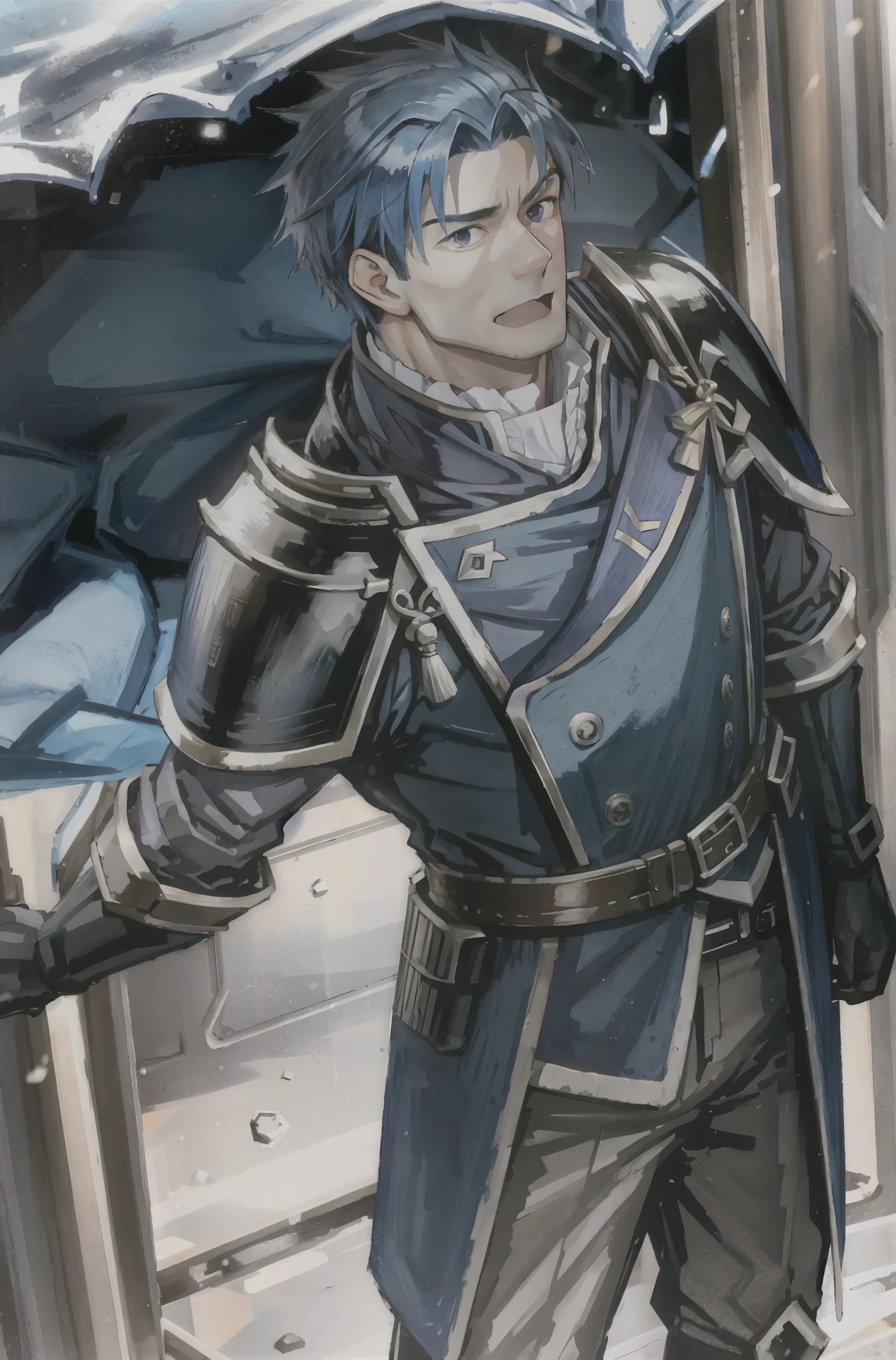 Hector Fay, soloist, looking at the audience, smiling, open mouth, sweat, get wet, wet, Slobber, Gloves, 1 boy, blue hair, male focus, tie, armor, from below,