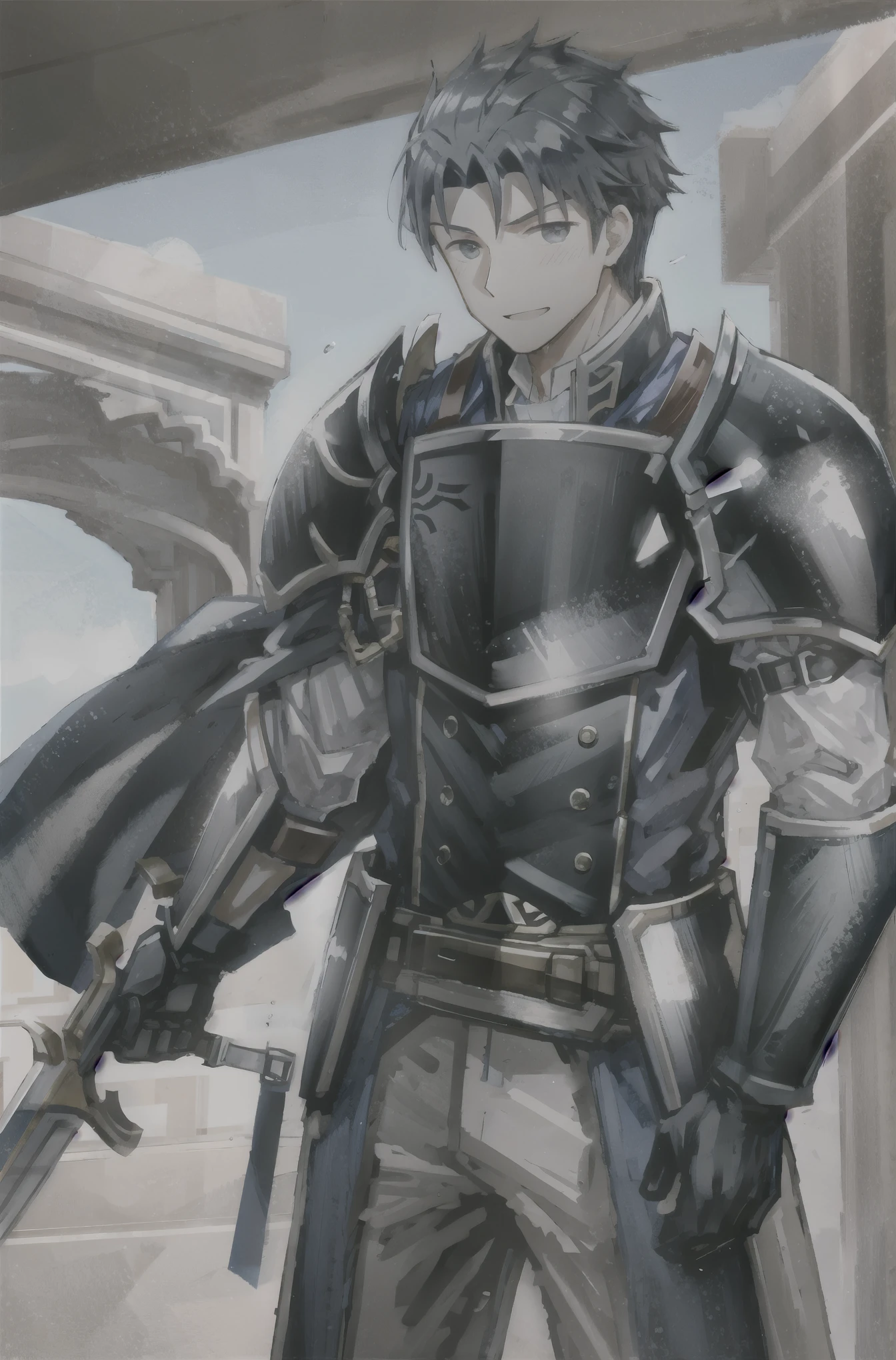 Hector Fay, soloist, looking at the audience, smiling, open mouth, sweat, get wet, wet, Slobber, Gloves, 1 boy, blue hair, male focus, tie, armor, from below,