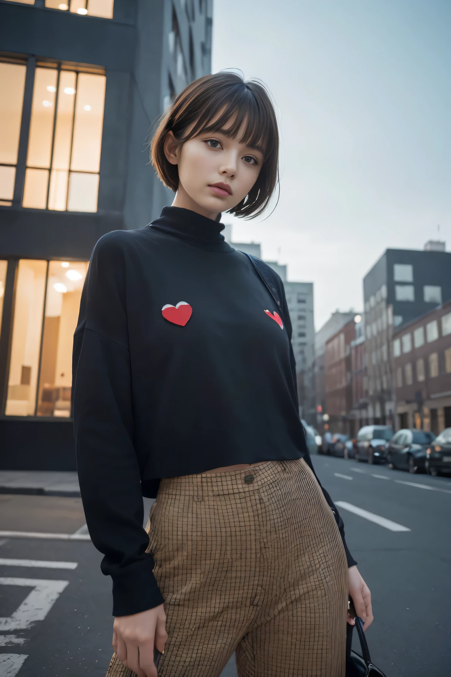 (highest quality, High resolution, Super detailed:1.2), (realistic, photorealistic, photo-realistic:1.37), (thin:1.2), because I'thin, small breasts, woman, (black pixie cut:1.2), (dull bangs), Immerse yourself in a world of dark tones, On the roof of an office building, night, Moody, model pose, shot from below, (skinny:1.0),Add irregular prints and patterns, sharp lines, unusual accessories for clothes、Highlighting the originality and newness of Comme des Garçons。. non-traditional fabrics and materials, plastic, metal etc.., Also incorporated to create a futuristic and experimental look.