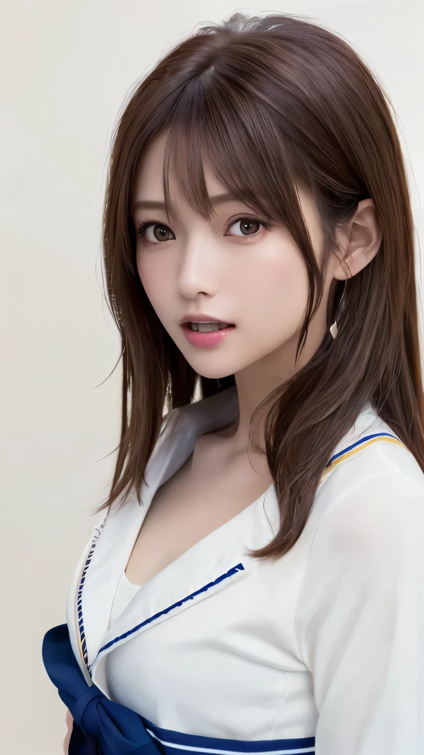 (highest quality、8K、32k、masterpiece)、(realistic)、(Photoreal:1.2)、(High resolution)、Super detailed、very beautiful face and eyes、1 girl、round and small face、thin waist、delicate body、(close、highest quality、high detail、Rich skin details)、(highest quality、8K、oil paint:1.2)、Super detailed、(realistic、realistic:1.37)、bright colors、(((bust shot)))、(((brown hair)))、(((brown hair)))、(((medium hair)))、(((pure white wall background)))、(((pure white wall background)))、(((wearing a sailor suit)))、(((looking surprised)))、(((I'm surprised)))、(((look straight ahead)))、(((Teeth are visible)))、(((I'm putting my hand on my chest)))