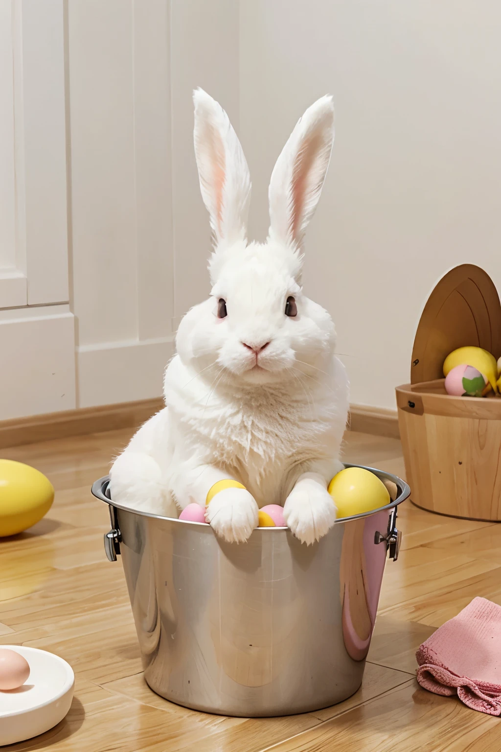a fluffy white rabbit with delicate ears, symbolizing Easter, colorful eggs around, holding a cleaning bucket and a mop, best quality, detailed