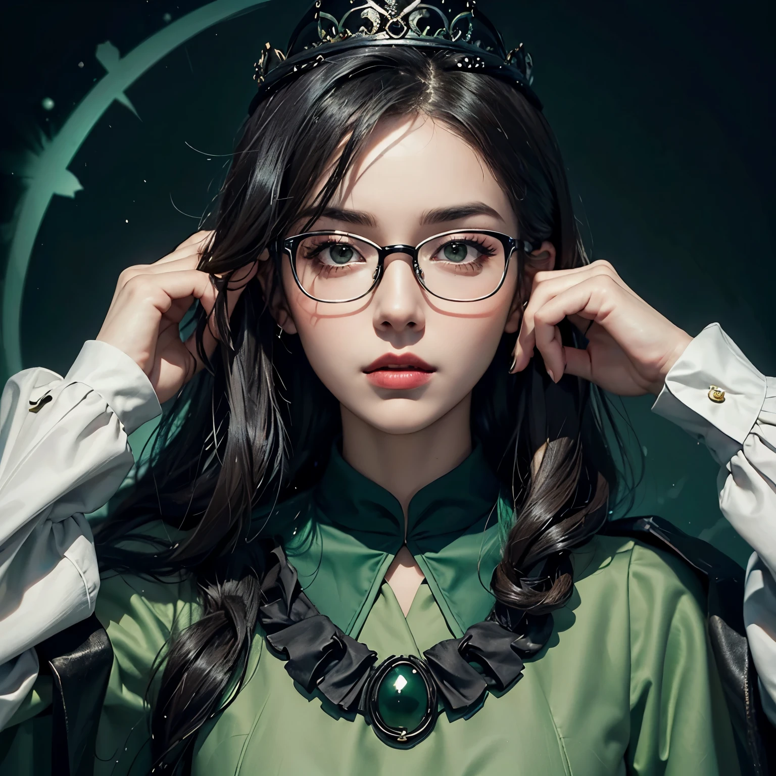 Queen, wears black-rimmed glasses, has a serious personality, wears a green dress
