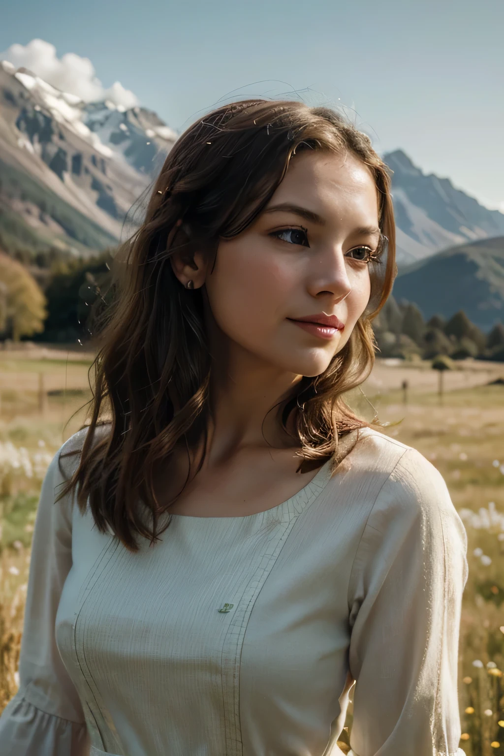 Step into a scene reminiscent of a bygone era with our captivating image of a beautiful woman standing near majestic mountain peaks. Dressed in 1940s English attire, she embodies timeless elegance with her Scottish-Irish descent and radiant presence. With green captivating eyes that reflect the beauty of nature, she stands in contemplation, fingers delicately resting on her chin. Bathed in soft, golden light and surrounded by the gentle breeze of the wind, she exudes happiness and inner glow. This close-up image captures a moment of quiet introspection, reminiscent of a classic movie still from a bygone era.