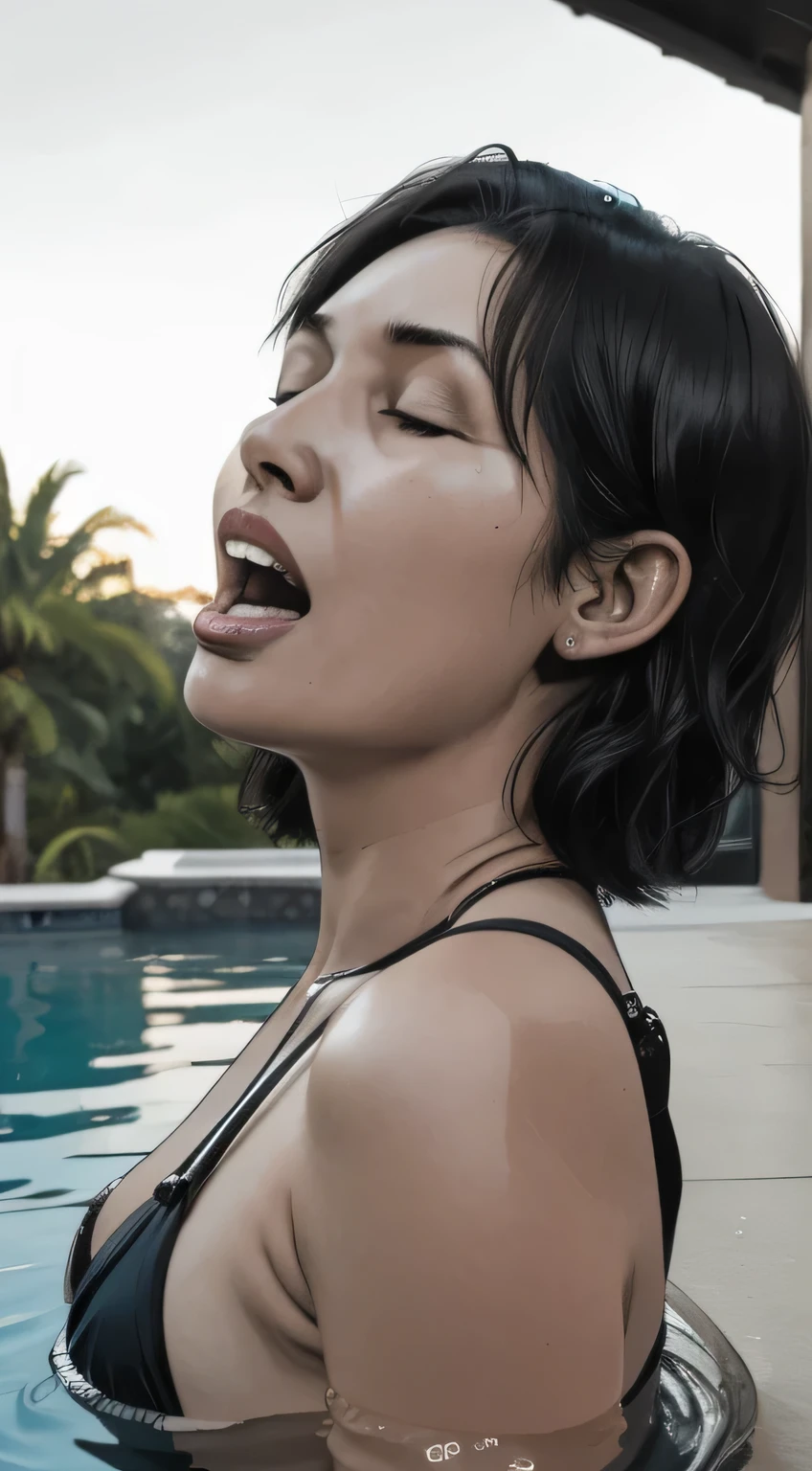 close-up, side view, 40yo woman (short bob black hair), (yawning, gape, closed eyes), wearing a black bikini, yawning, in a pool, HDR, photorealistic, 8K, 16K