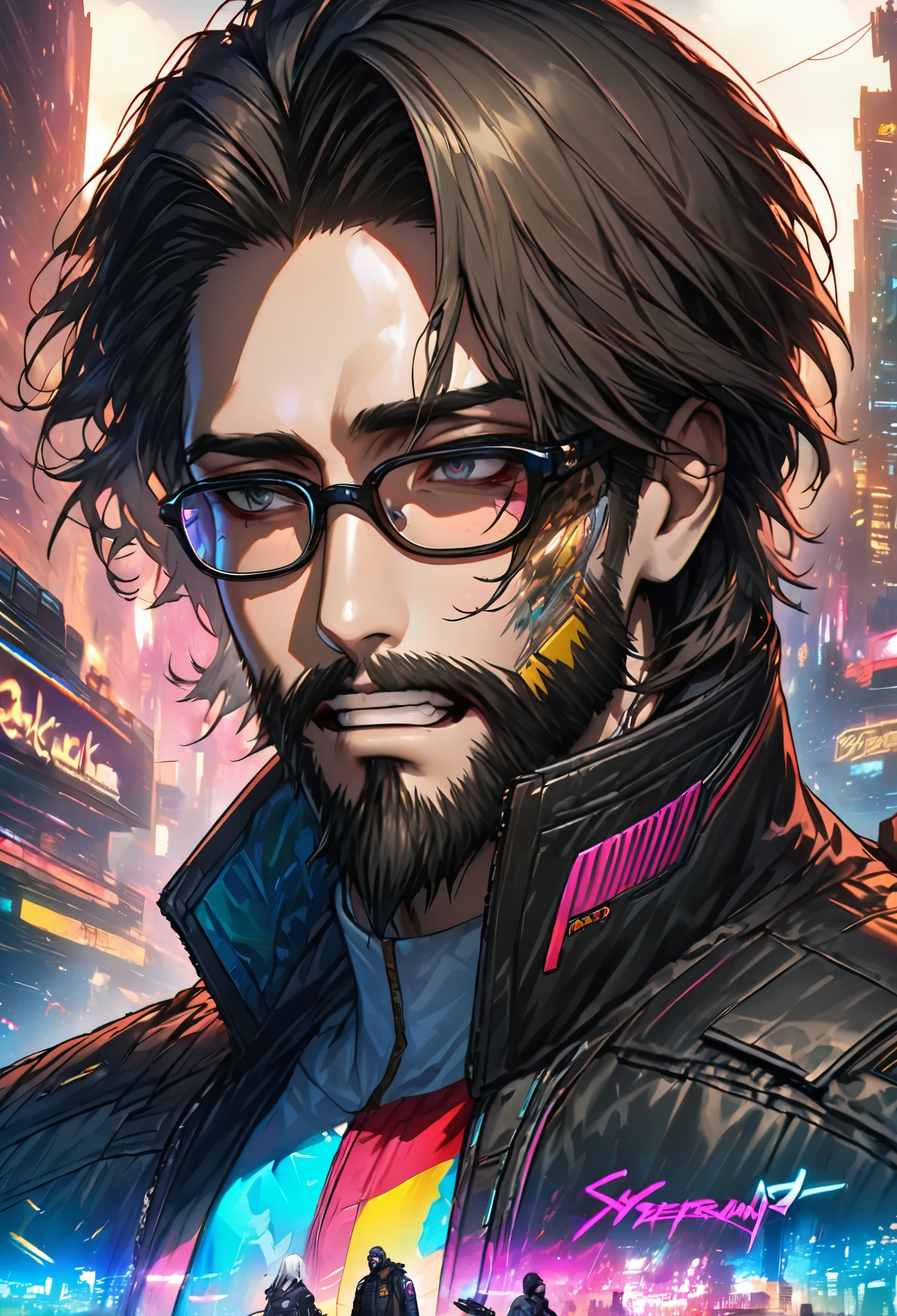 Raw 16k ultra high definition vibrant color masterpiece, 1.12), Describing the emotions captured in a close-up of a white-haired man&#39;s face, Perfect hair and glasses, With a neat white beard, Wearing《Cyberpunk 2077》gaming inspired jacket. The setting reflects the game&#39;s dystopian future environment, have《Cyberpunk 2077》Elements of Mid-City Characteristics.