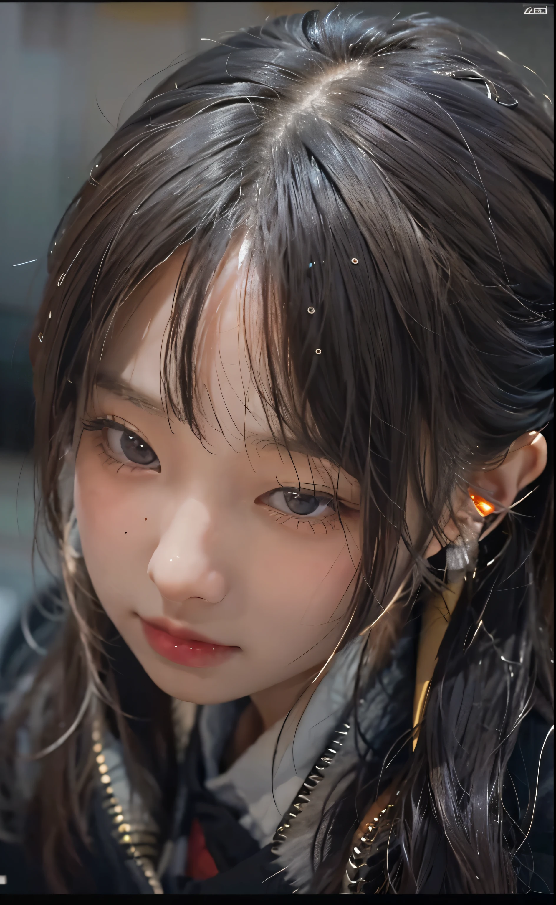 There is a young girl wearing headphones and looking at her mobile phone, Yoshitomo Nara, she has a cute face, real life anime girls, She has a cute and expressive face, lofi girl, she has black hair,Have bangs, she looks far away, Take Al's train, Chiho, surreal anime