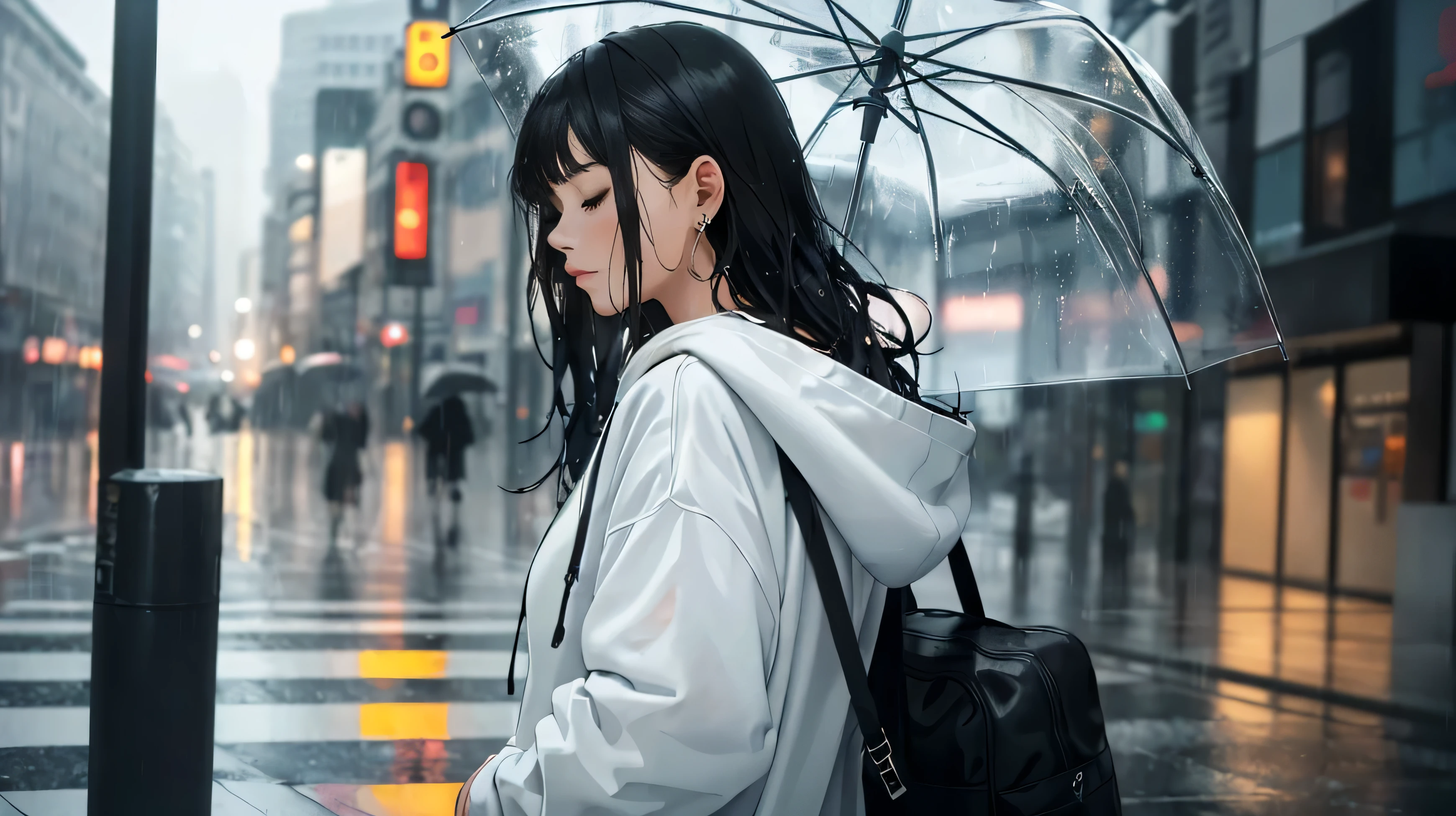 ((woman looks inside))(headphones on neck)(Place the woman on the right edge of the screen)put one'Hand in hand'pocket of(a woman is standing)Draw up to the waist(mole on face)(look down at your face)(closed my eyes)(Rear view)(profile)black hair long hair tie hair ((wet bangs))wear a white hoodie, Highly detailed CG Unity 8K wallpaper, 1 girl, beautiful, realistic, Blur, blurred background, blurred foreground, city, Depth of written boundary, earrings, jewelry,, realistic, alone, (have an umbrella), rain