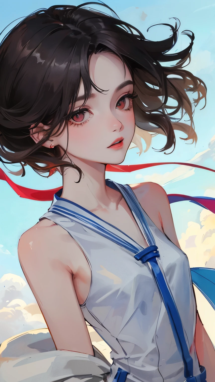 young girl black hair short hair red eyes irreverent face look down thin body thin thighs small breasts small ass toned body blue sky cloud hair blowing in the wind high quality High resolution 8K watercolor natural feel bridge of the nose ((最high quality)), ((masterpiece)), (get used to it), dignified face grassland close up of face Beautiful as a goddess whole face lipstick eye shadow naked ID photo style one piece long eyelashes Accurate No decoration Bare skin No accessories ancient greece