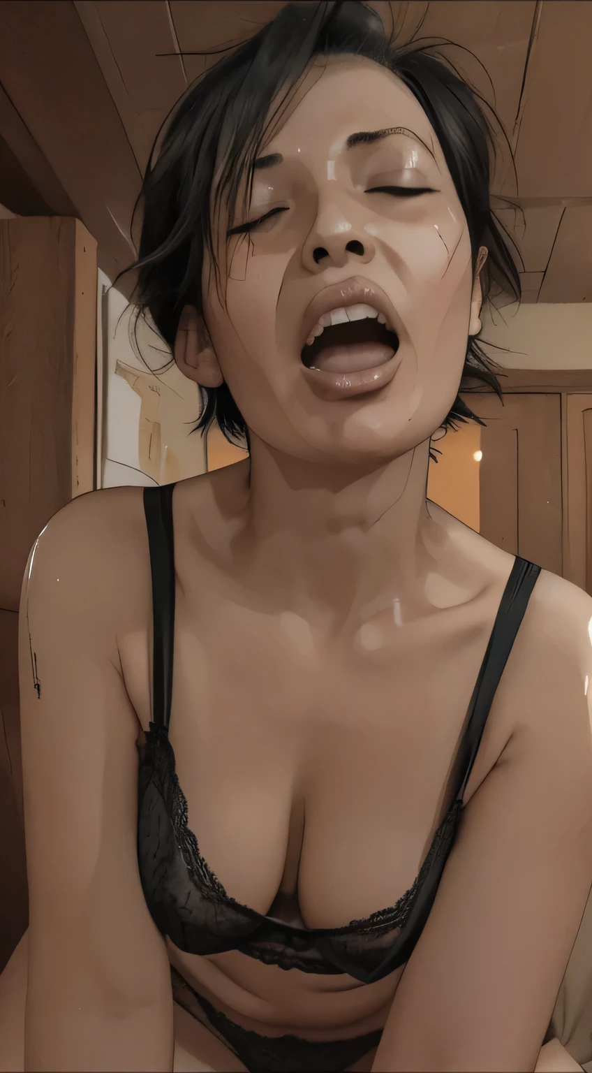 (close-up, open mouth), a 40yo woman (short bob black hair), (((yawning, gape, closed eyes, open mouth, feel pain))), ((cowgirl pose)), yawning, indoor, (wearing a blacj lingerie:1.2), desire, bed, heavy breathing, sexual expression, legs wide open, kneeling, intense movement, sweat, hands behind back