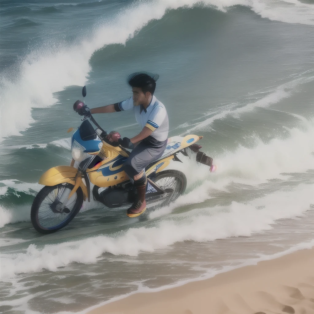 make a Disney picture of a man with a Jupiter Mx 135 duck vehicle who is working at PT. Bina Artha Ventura