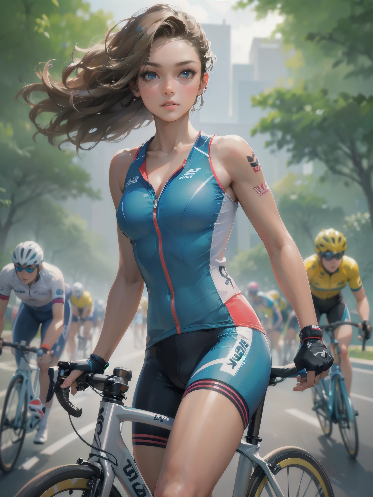 high quality,HD,16k,sharp lines,1 girl,Female cycling athlete ,cute face, large breasts, nice legs,At the cycling venue,focus girl,detailed beautiful face,detailed clothes,beautiful eyes,cool,dynamic angle