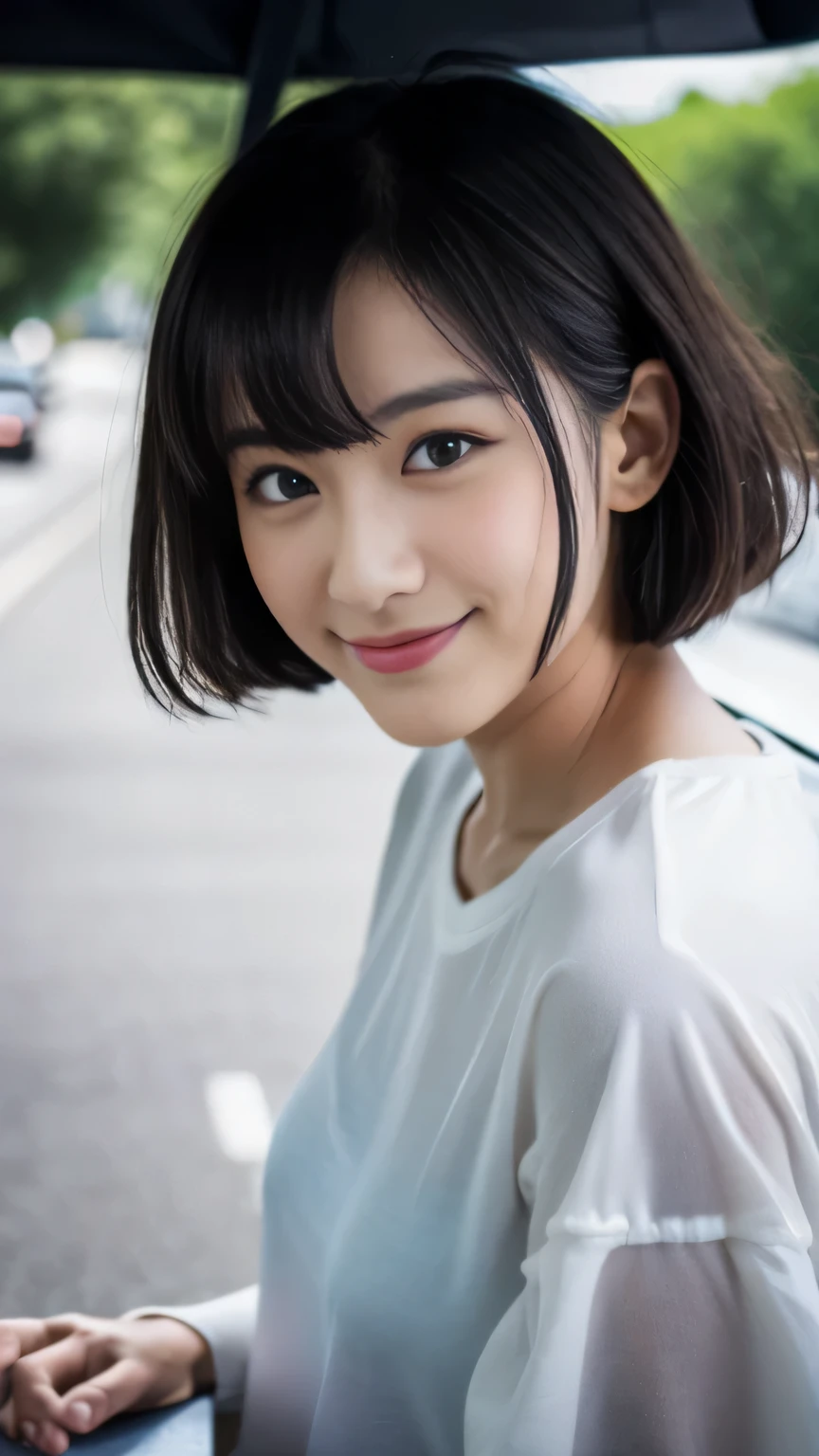 (32k, Raw photo, highest quality, masterpiece:1.2), (realistic, photo-realistic:1.4), (Highly detailed 8K wallpaper),sharp focus, Depth of the bounds written,blur background, Bokeh,professional lighting, cinematic lighting,From above,thin,japanese girl,20 year old girl,arched back,road,bob cut,wet hair,black hair,Raincoat,happiness like a goddess