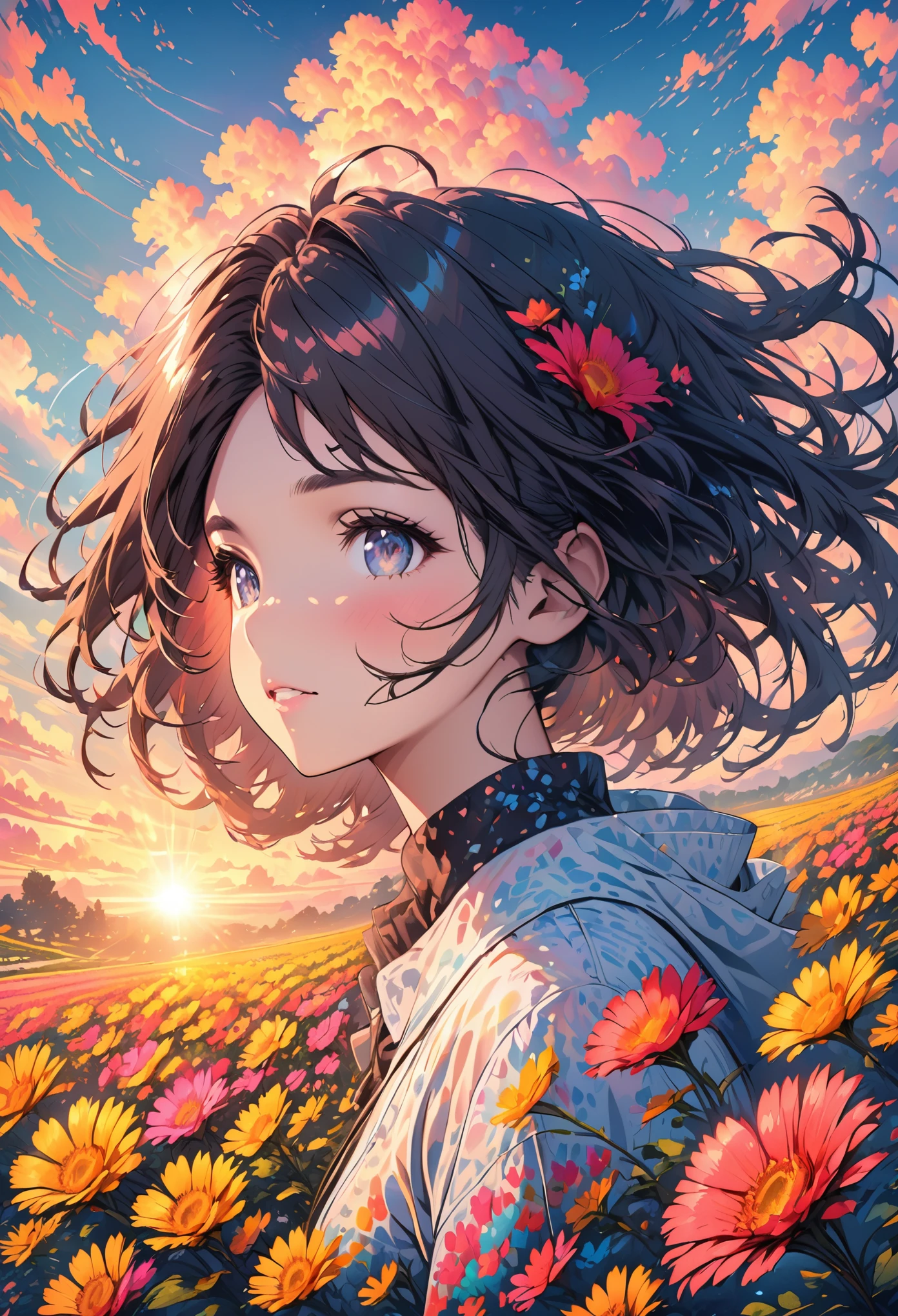 Girl standing in a neon flower field,Detailed face, Medium Short,cloud,sunrise
