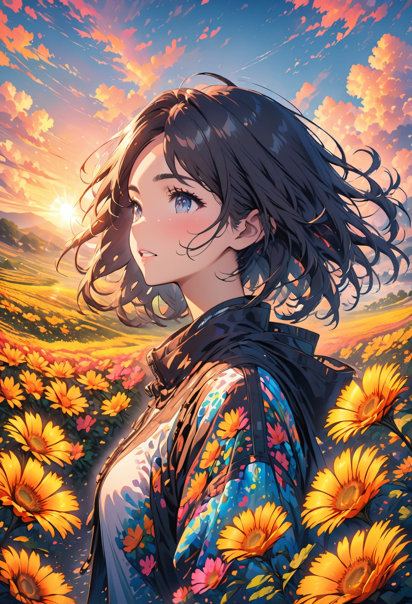 Girl standing in a neon flower field,Detailed face, Medium Short,cloud,sunrise