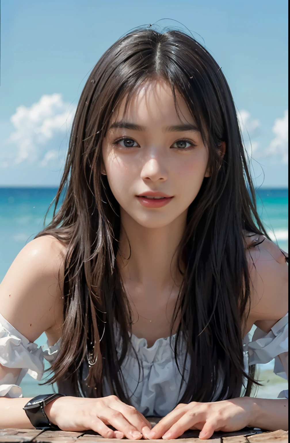 Best Quality, Masterpiece, Ultra High Resolution, (Realistic: 1.4), Original Photo, Official Art, Wallpaper, Bust Photo, Solo, Skin, Simple Background, Black Eyes, Detail, Fingers, 1 Girl, Sports Fitness, Breeze, Sunlight, Water Mist, Studio Light,
