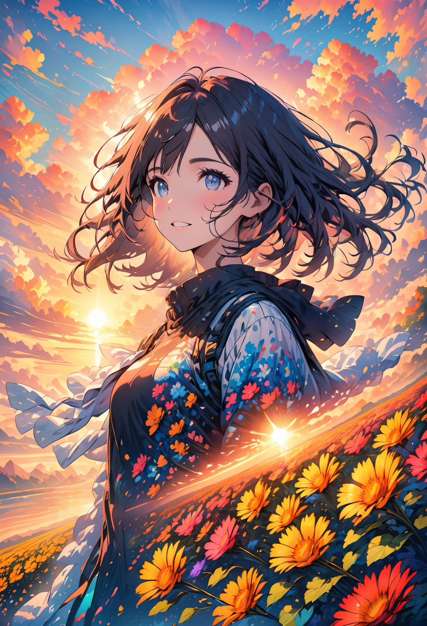 Girl standing in a neon flower field,Detailed face, Medium Short,cloud,sunrise