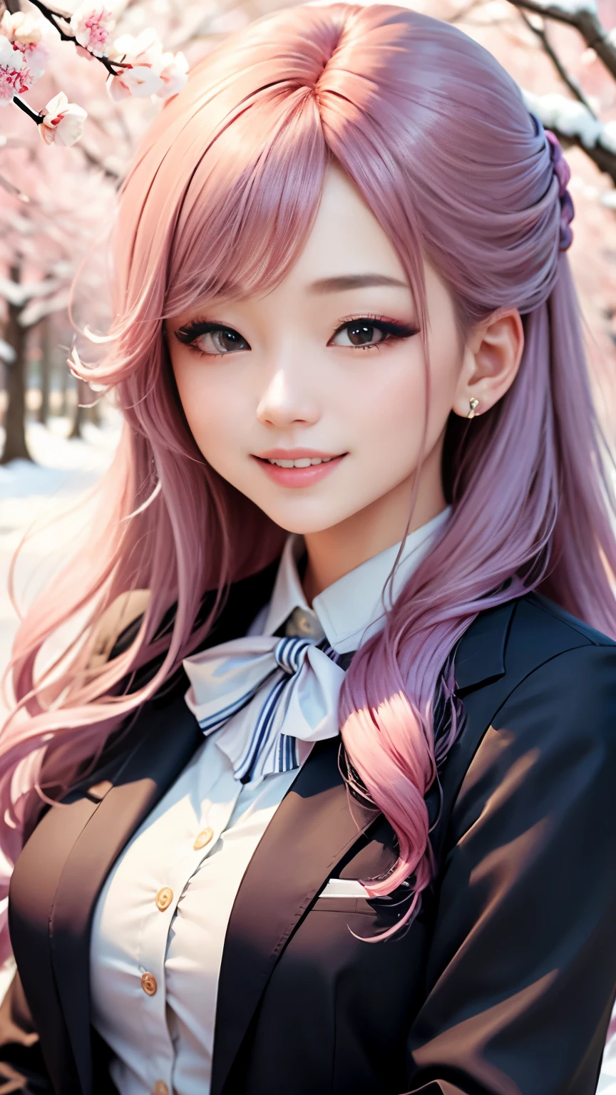 woman, formal suits in soft colors, soft colored hair、cherry blossoms吹雪、forest、cherry blossoms、smile、realistic