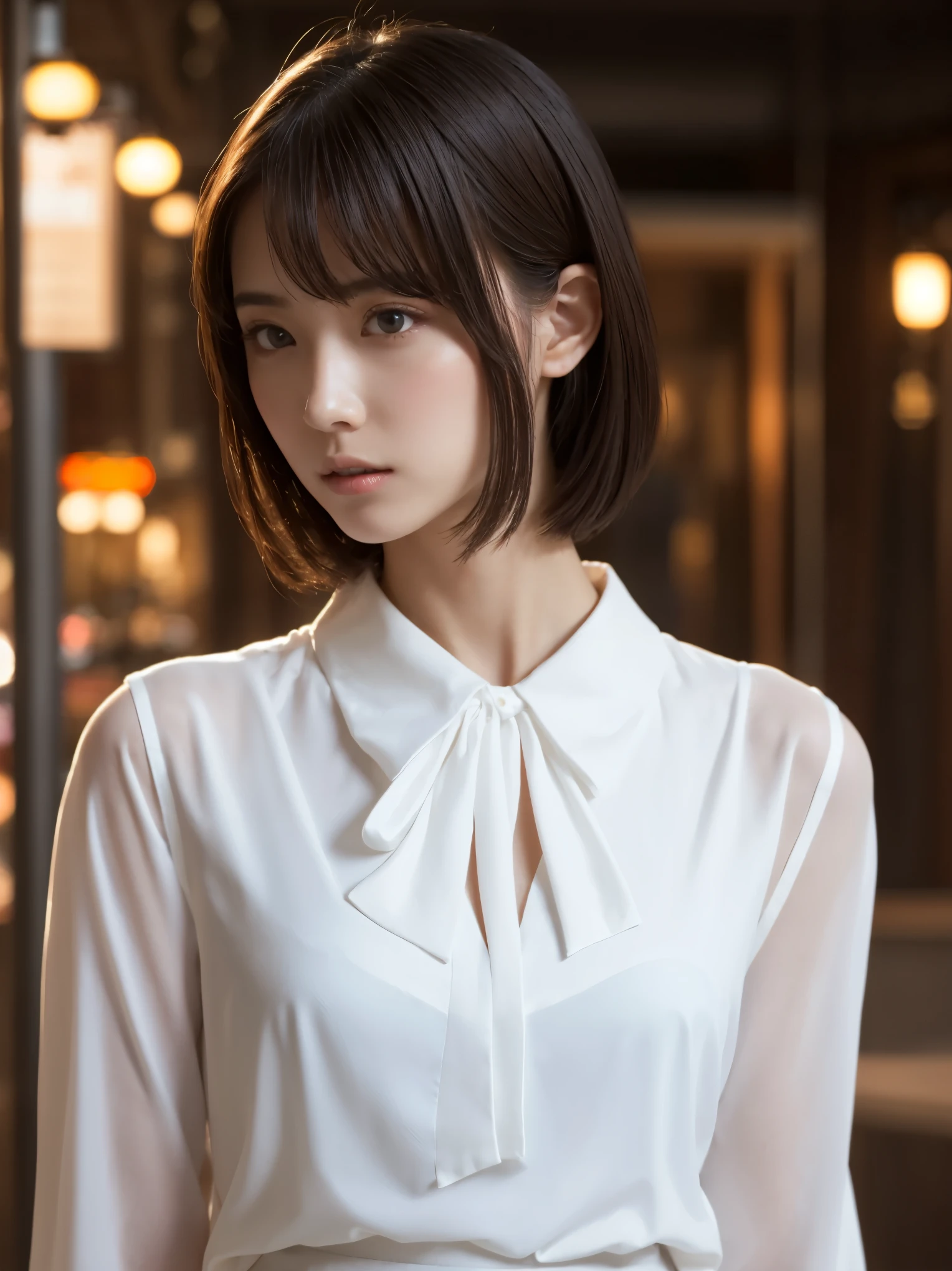 1 girl, (wearing a white blouse:1.2), (Raw photo, highest quality), (realistic, Photoreal:1.4), table top, very delicate and beautiful, very detailed, 2k wallpaper, wonderful, finely, very detailed CG Unity 8K 壁紙, Super detailed, High resolution, soft light, beautiful detailed girl, very detailed目と顔, beautifully detailed nose, detailed and beautiful eyes, cinematic lighting, night city lights, perfect anatomy, slender body, sensual look、big breasts