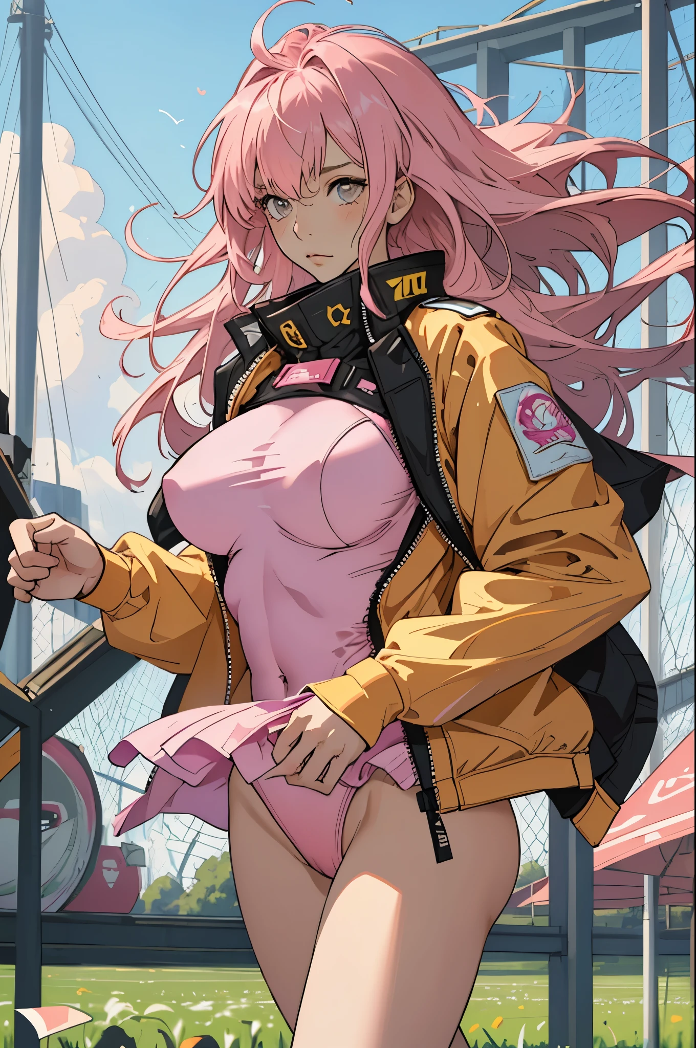 masterpiece, highest quality, High resolution, 1 girl, ticker, long hair, big breasts, race_Queen,pink leotard, Jacket, embarrassing,closed mouth, field,
