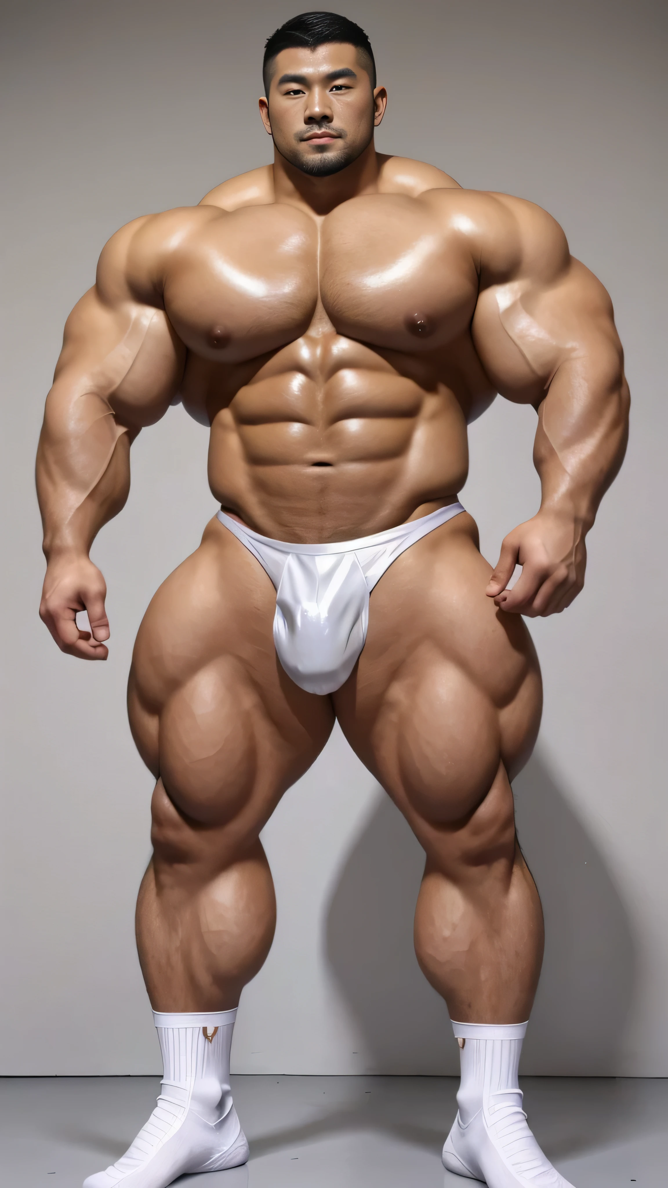a chinese bodybuilder,30 years old,Tall and handsome, Toned body,short hair, O-shaped beard,Perfect body, Dark and shiny complexion,smooth skin,The body is hairless,Muscle bulge, muscular, Very big pecs,Very sexy abs,Leg muscles are very developed,Huge bumpy area,Brighten oily skin,Wearing a gold leather shiny thong,handsome face, Correct and accurate male body proportions, full-body shot, shiny muscular skin,wear white socks,standing in front of gray background board。