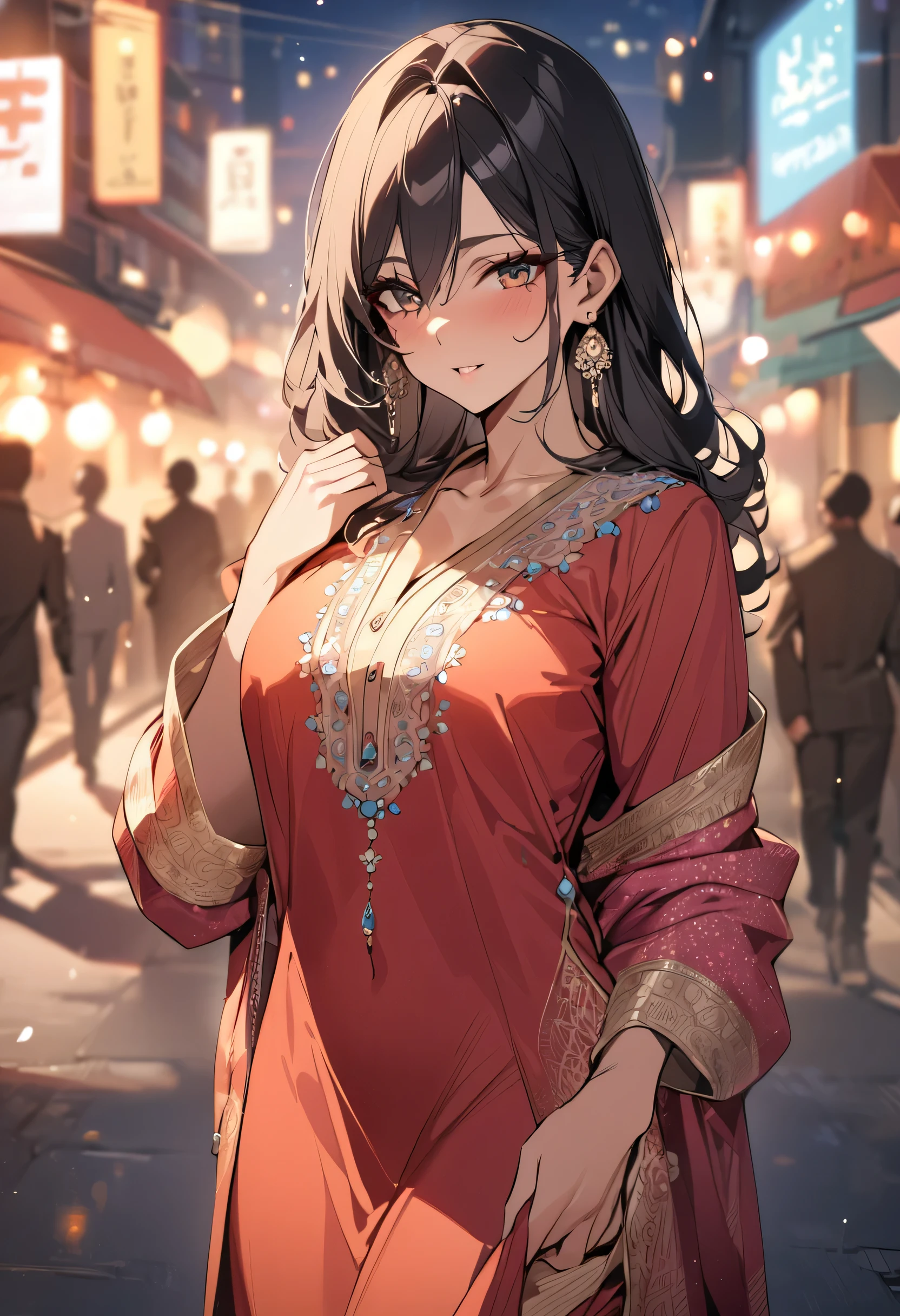 (Masterpiece), best quality, perfect face, beautiful girl, (desi girl), mature body, perfect anatomy, wearing beautiful indian dress, ((kurta pajama)), city street background, bokeh